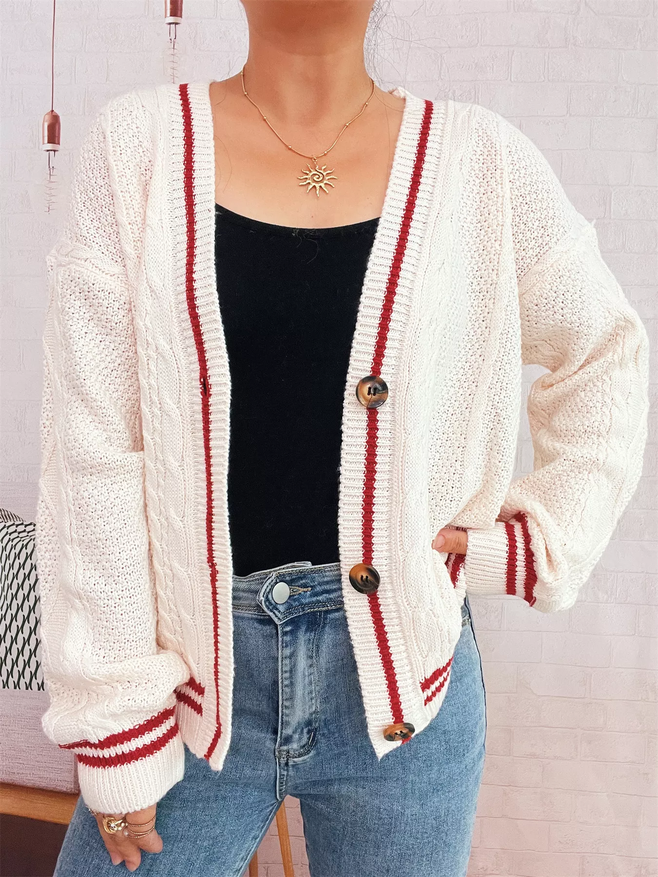 Star Pattern Button-Up Cardigan with Contrast Trim - Image 17
