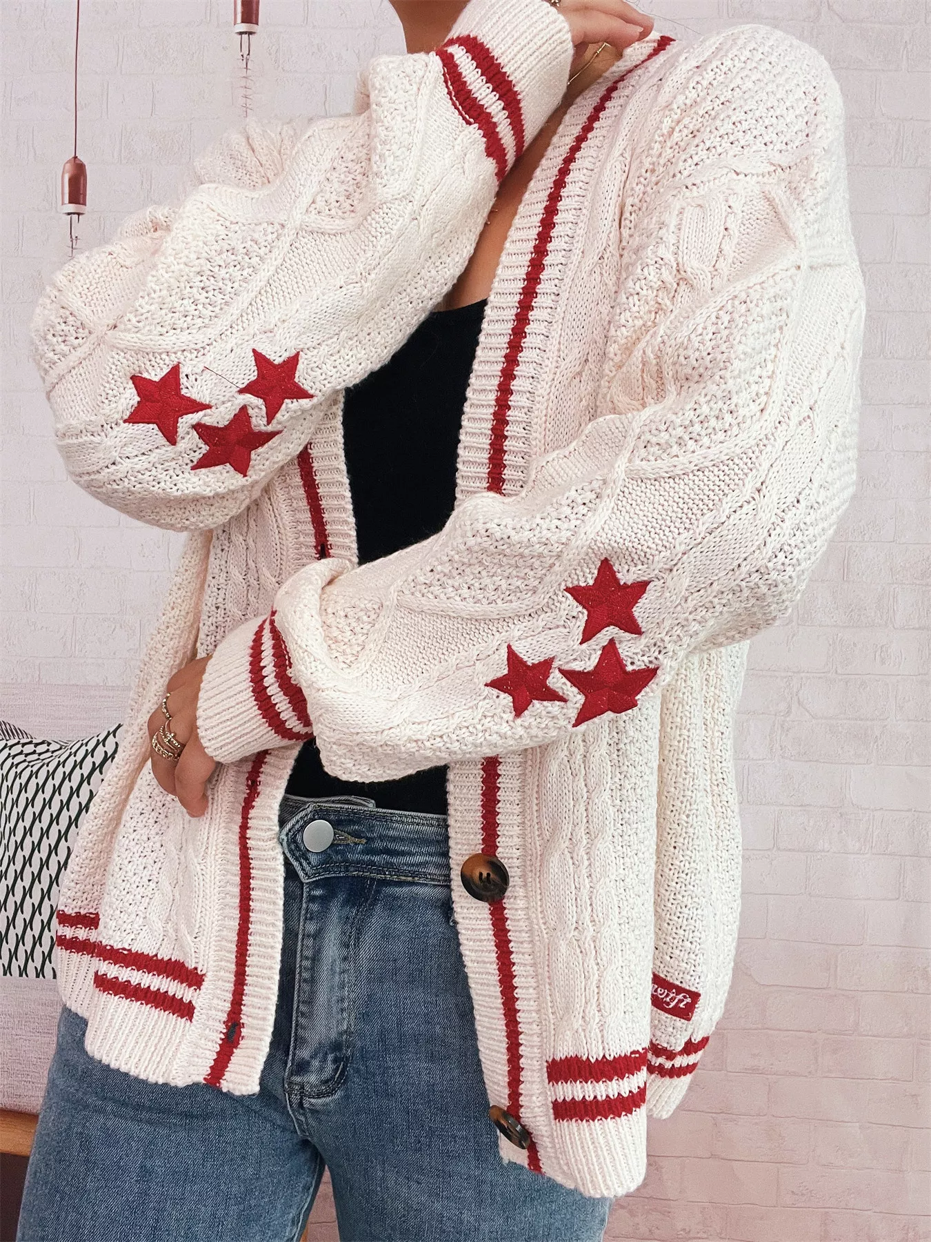 Star Pattern Button-Up Cardigan with Contrast Trim - Image 18