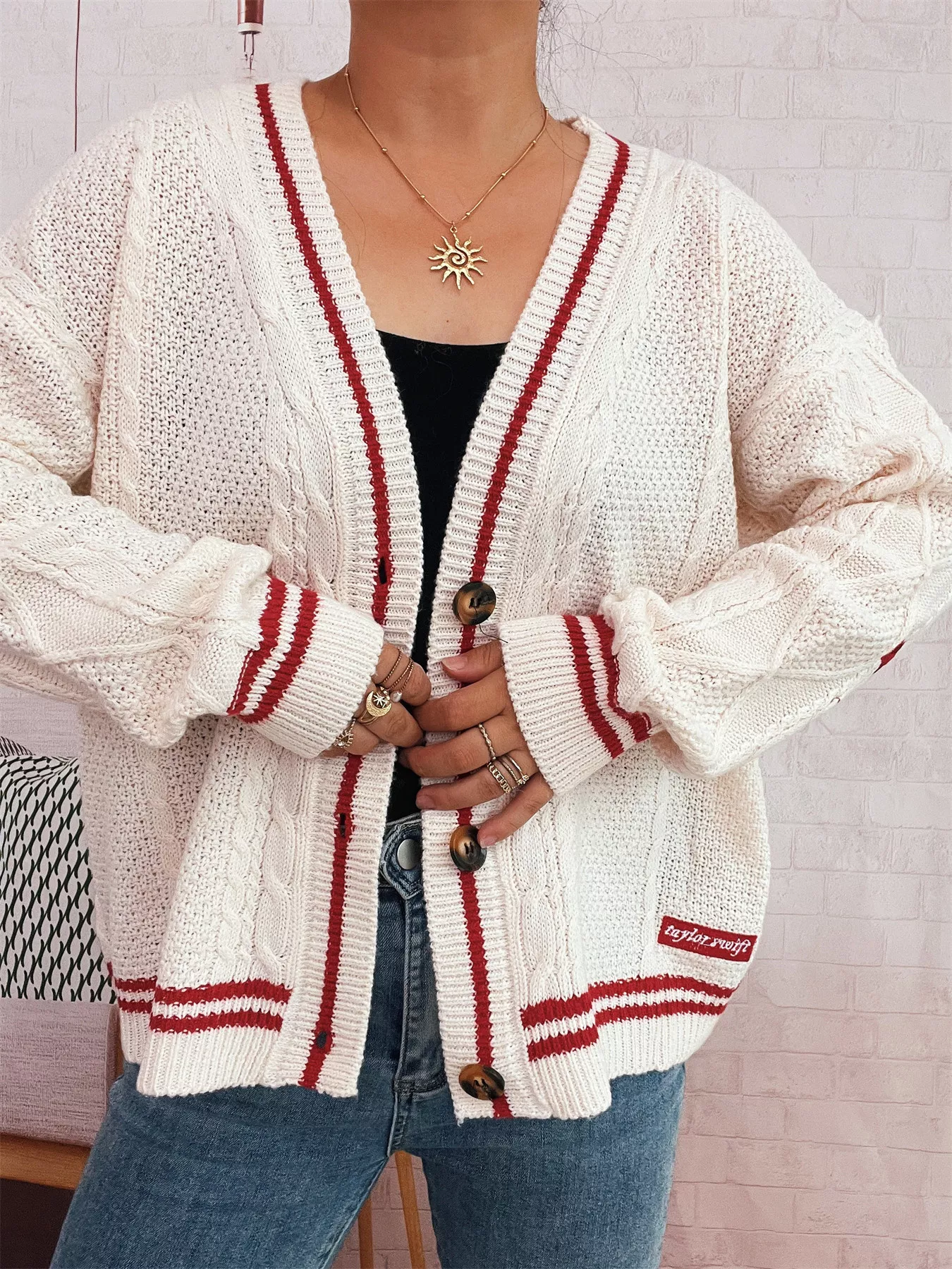 Star Pattern Button-Up Cardigan with Contrast Trim - Image 19
