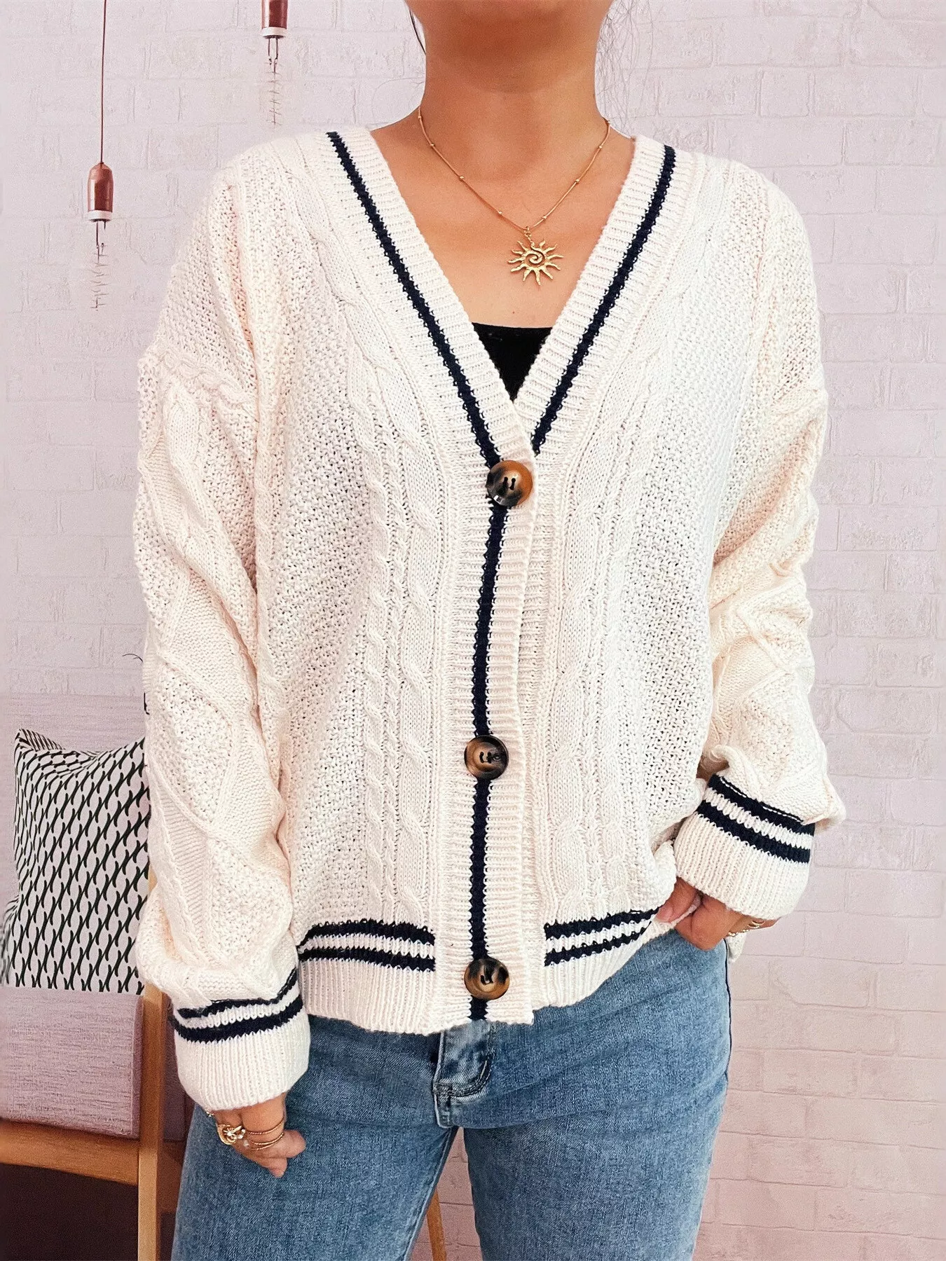 Star Pattern Button-Up Cardigan with Contrast Trim - Image 2