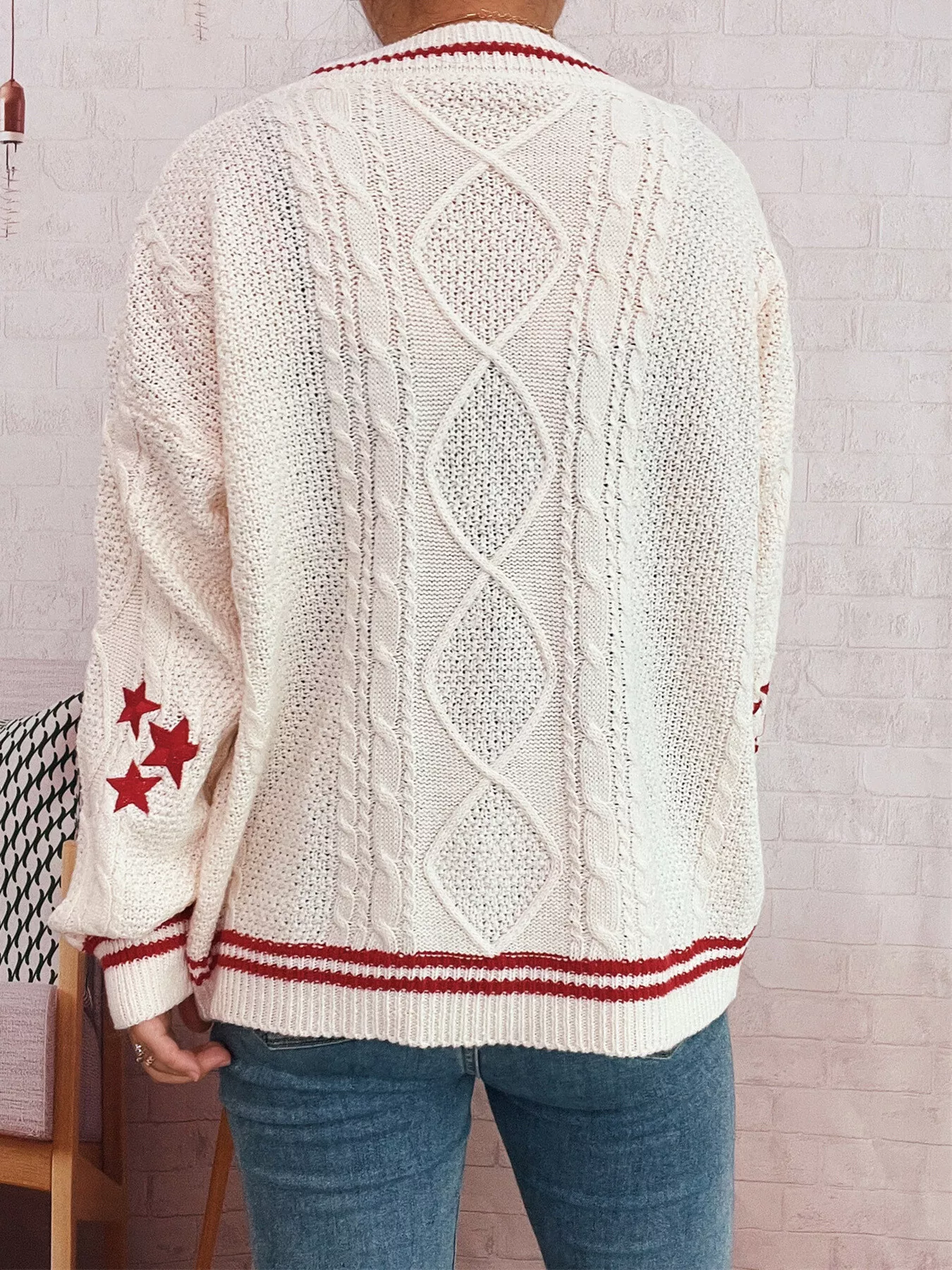 Star Pattern Button-Up Cardigan with Contrast Trim - Image 20