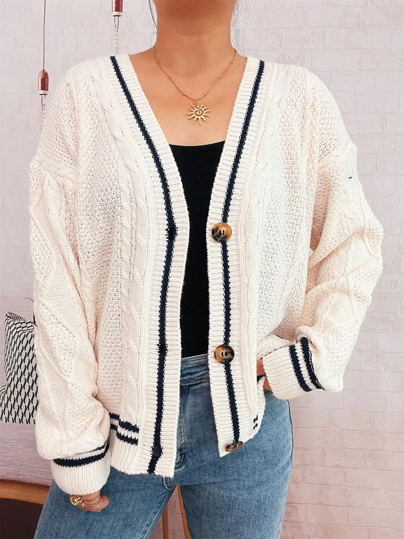 Star Pattern Button-Up Cardigan with Contrast Trim - Image 3