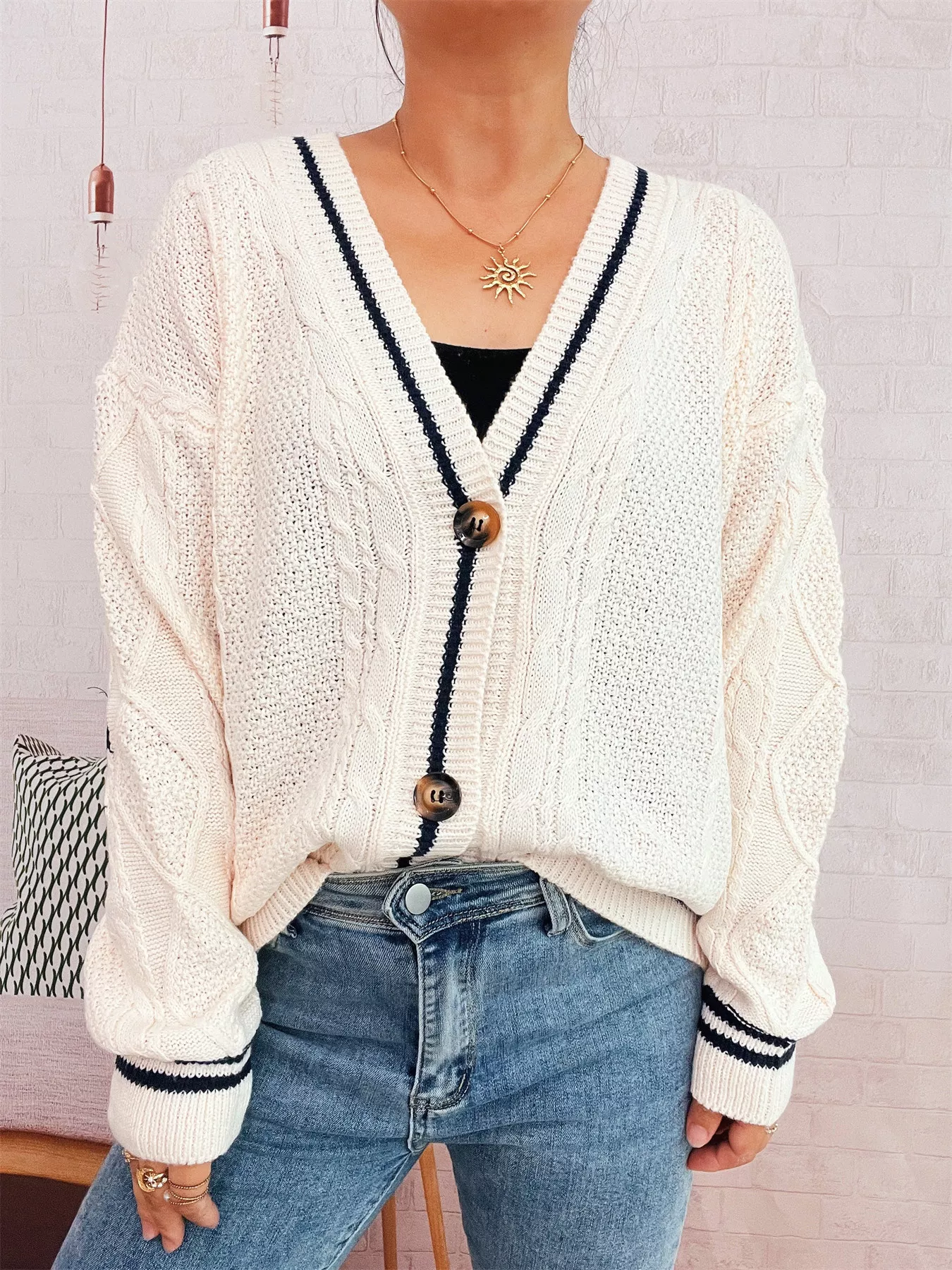 Star Pattern Button-Up Cardigan with Contrast Trim - Image 5