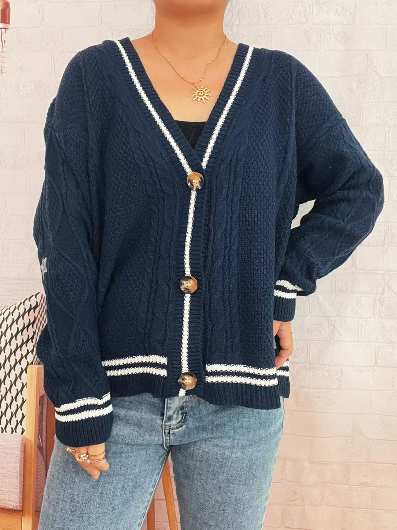 Star Pattern Button-Up Cardigan with Contrast Trim - Image 6