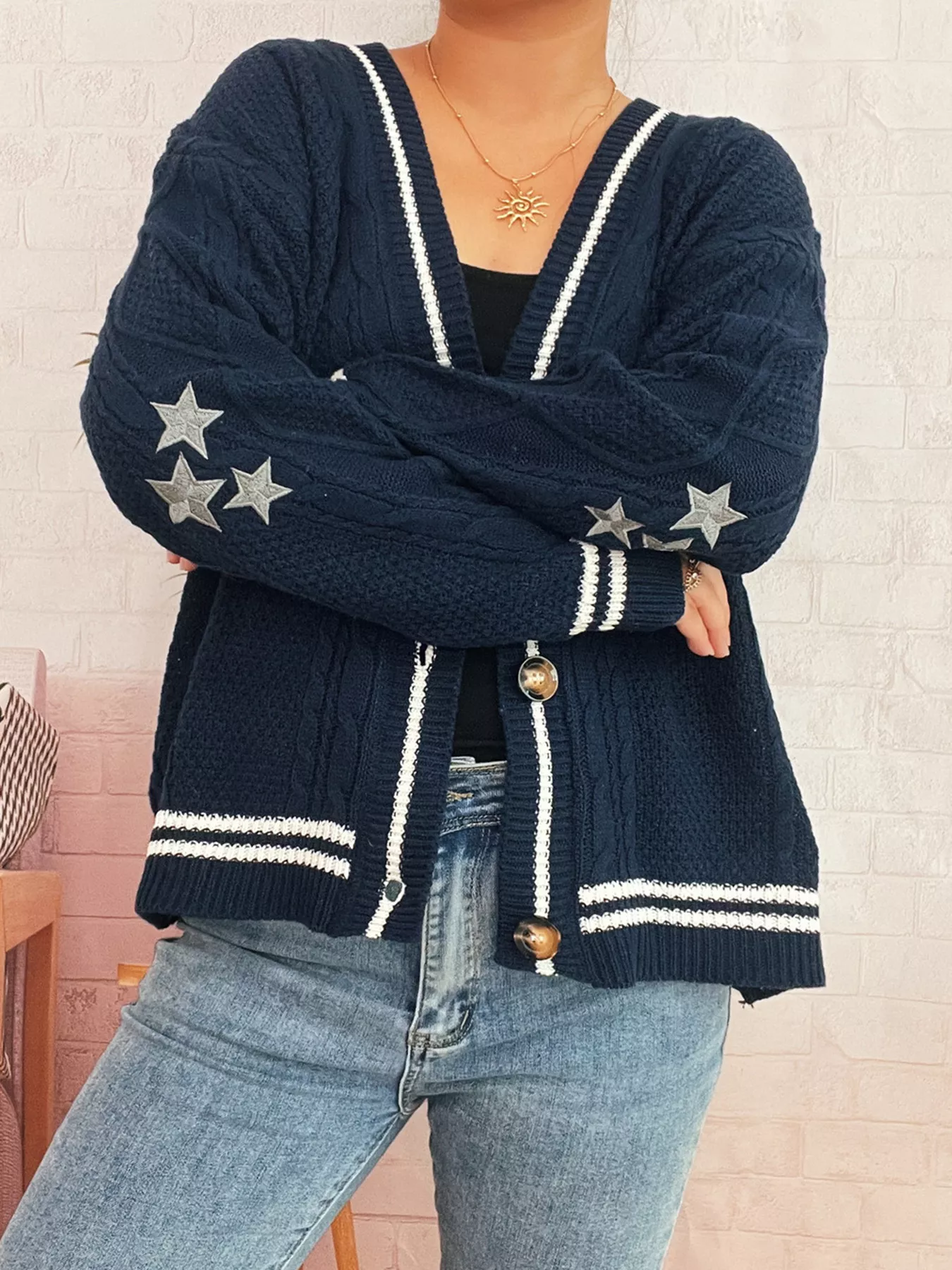 Star Pattern Button-Up Cardigan with Contrast Trim - Image 7