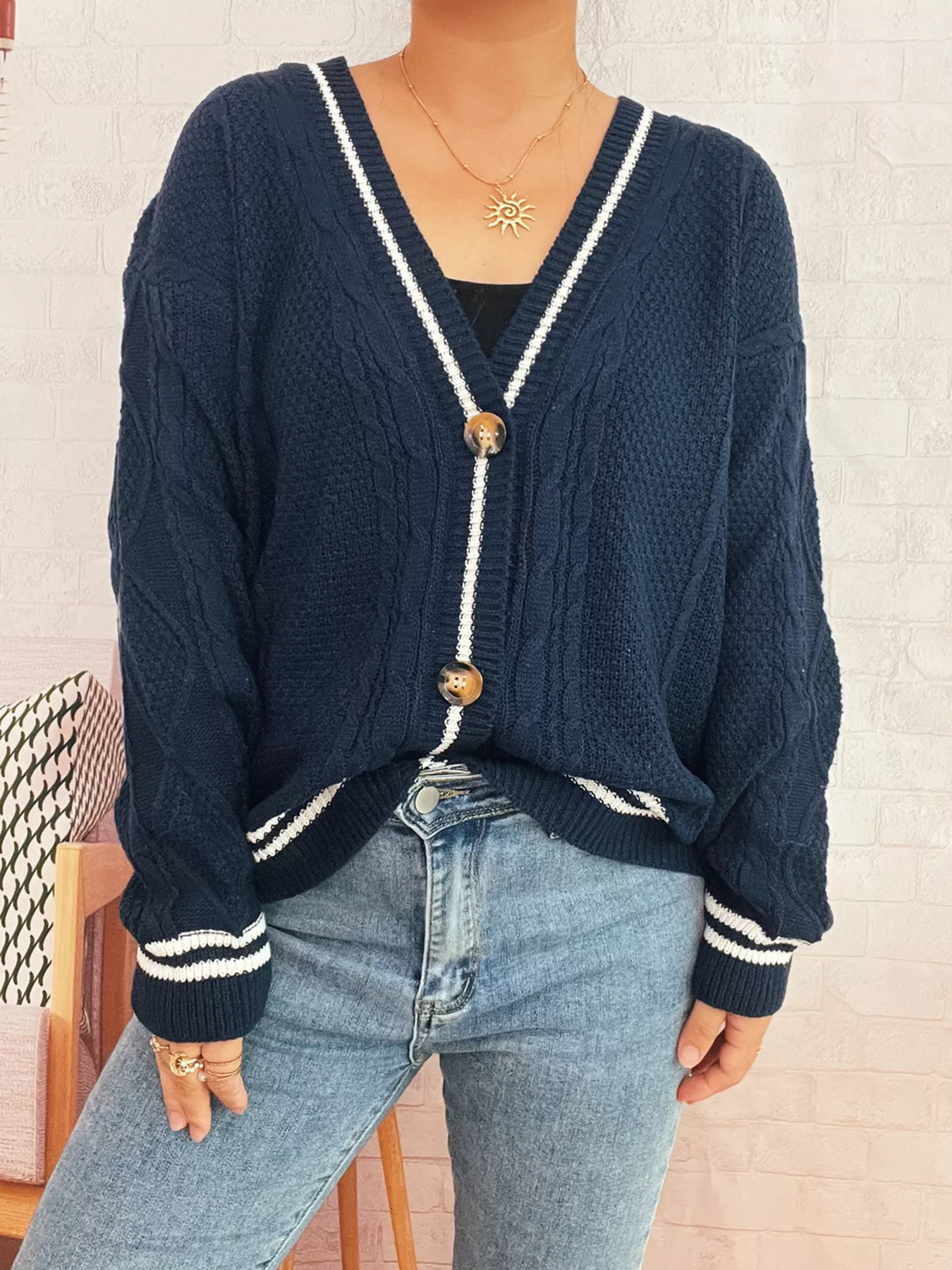 Star Pattern Button-Up Cardigan with Contrast Trim - Image 8