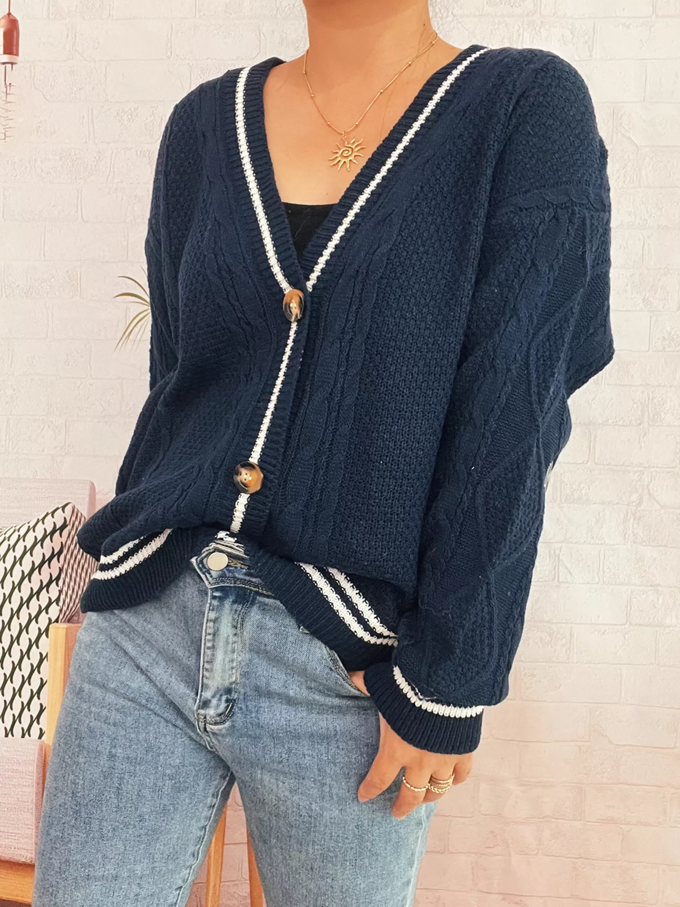 Star Pattern Button-Up Cardigan with Contrast Trim - Image 9