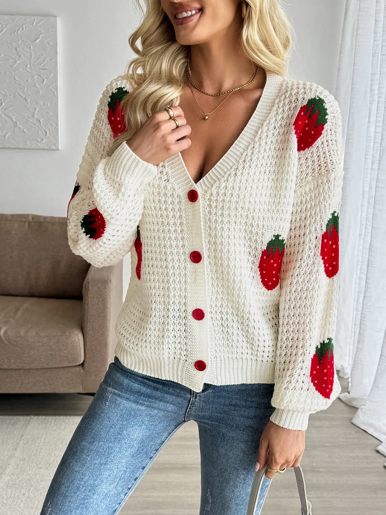 Strawberry Pattern V-Neck Button-Up Cardigan - Image 3