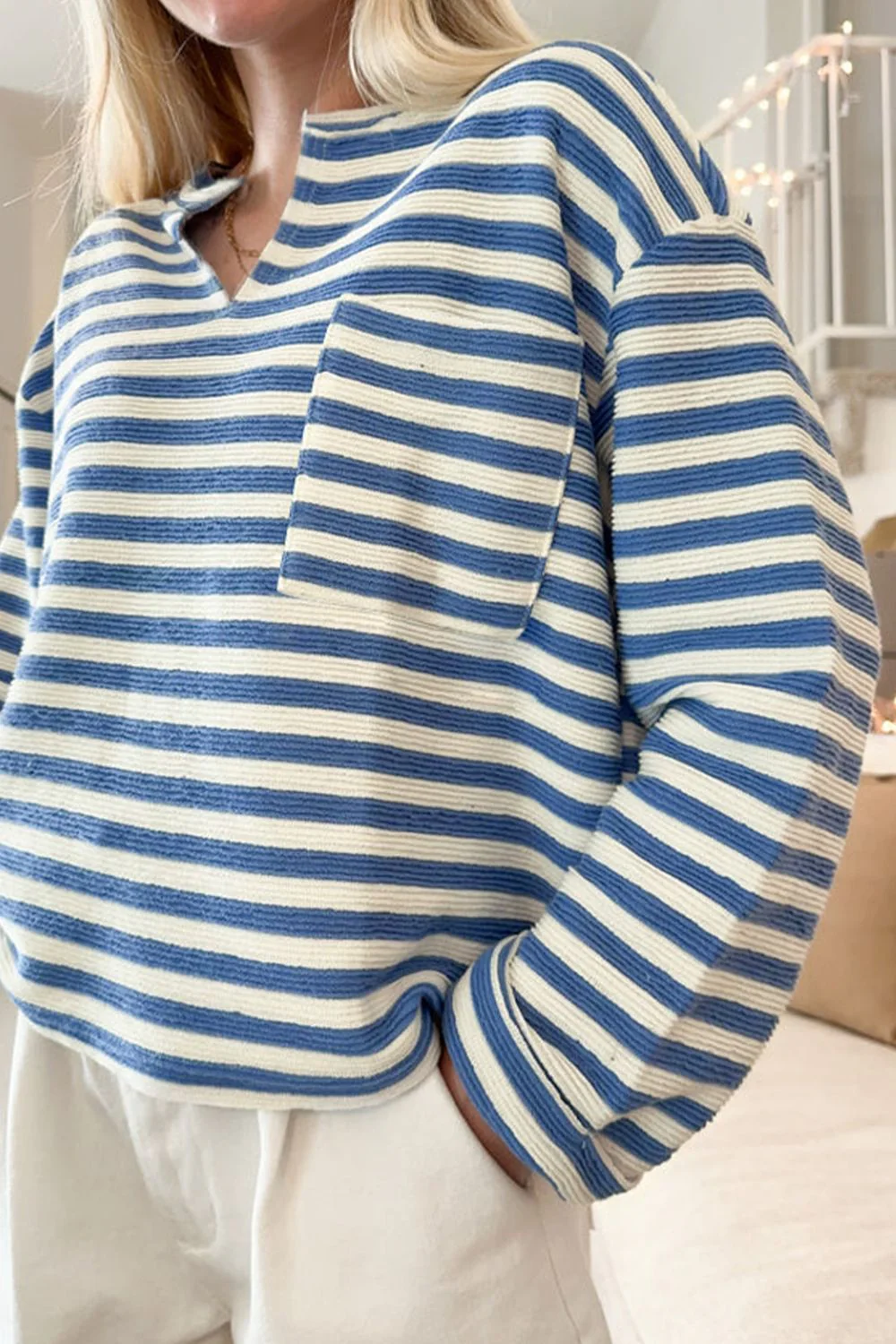 Stripe Chest Pocket Notched Top - Image 2