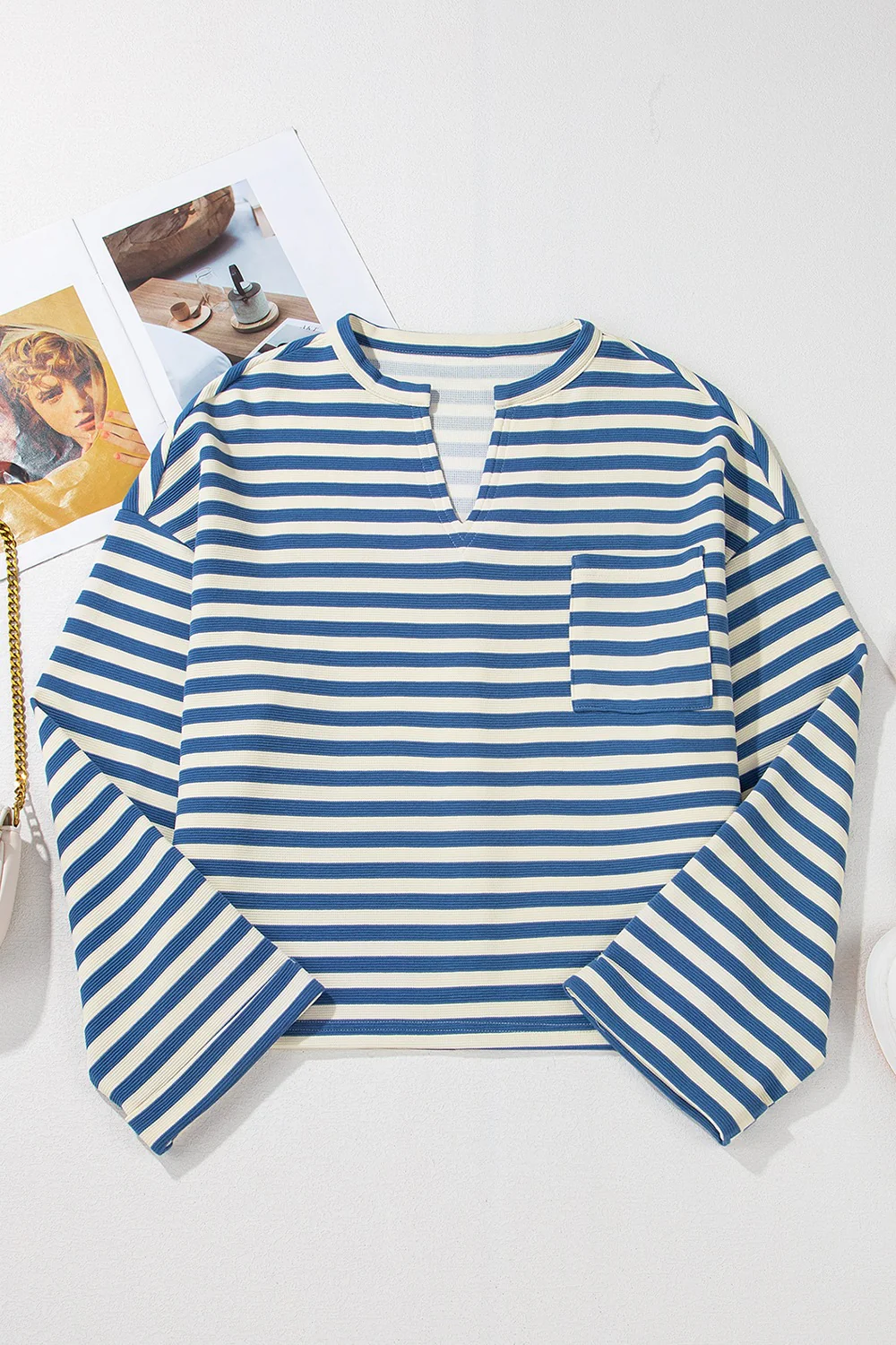Stripe Chest Pocket Notched Top - Image 6
