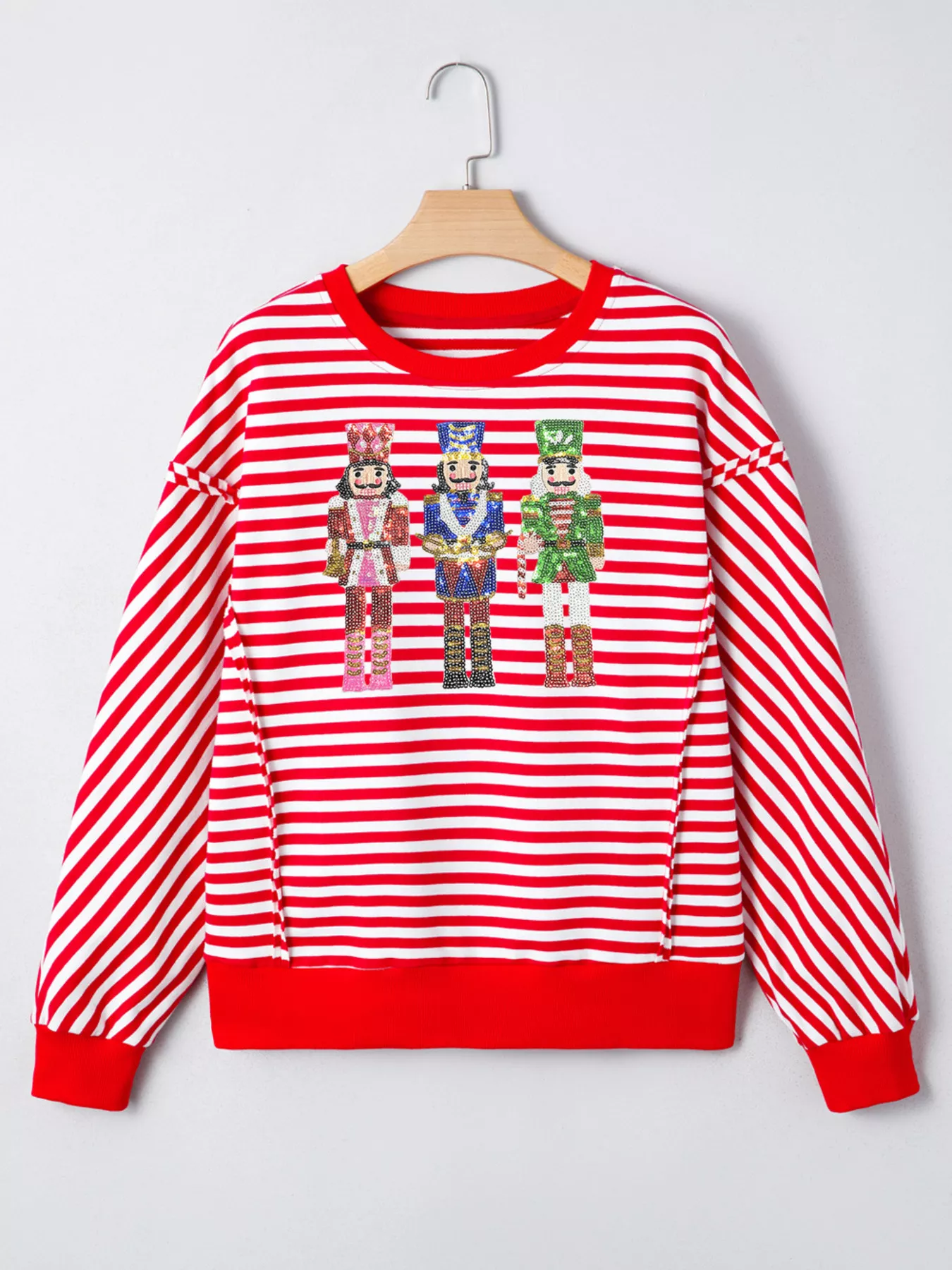 Stripe Christmas Nutcracker Sequin Patched Drop Shoulder Top - Image 5