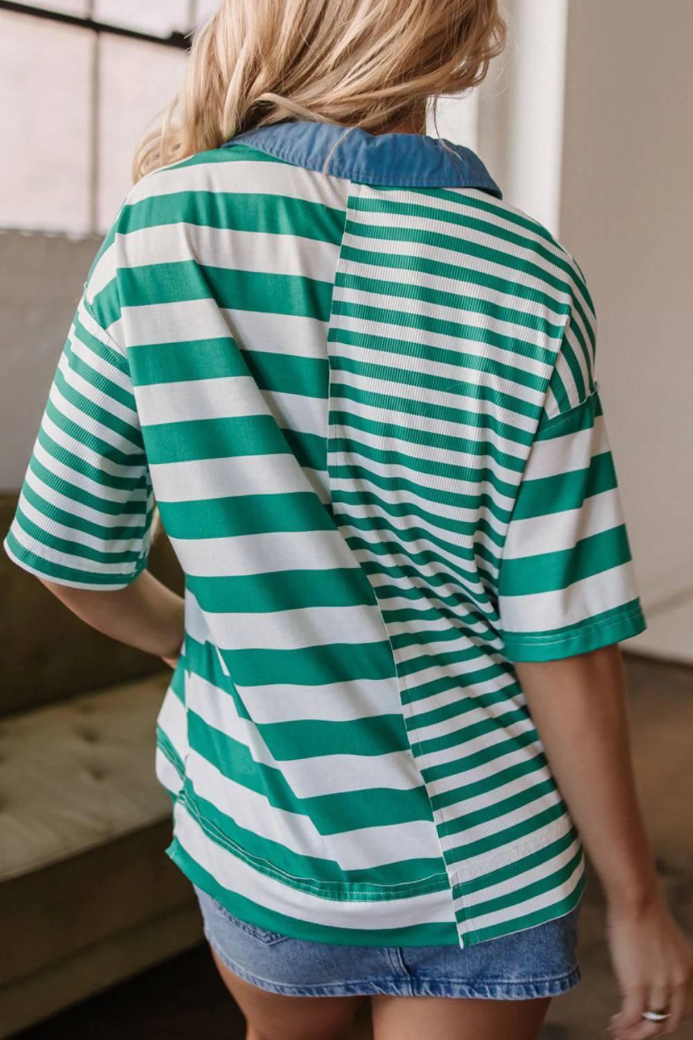 Stripe Colorblock Collar Half Button Shirt - Image 2