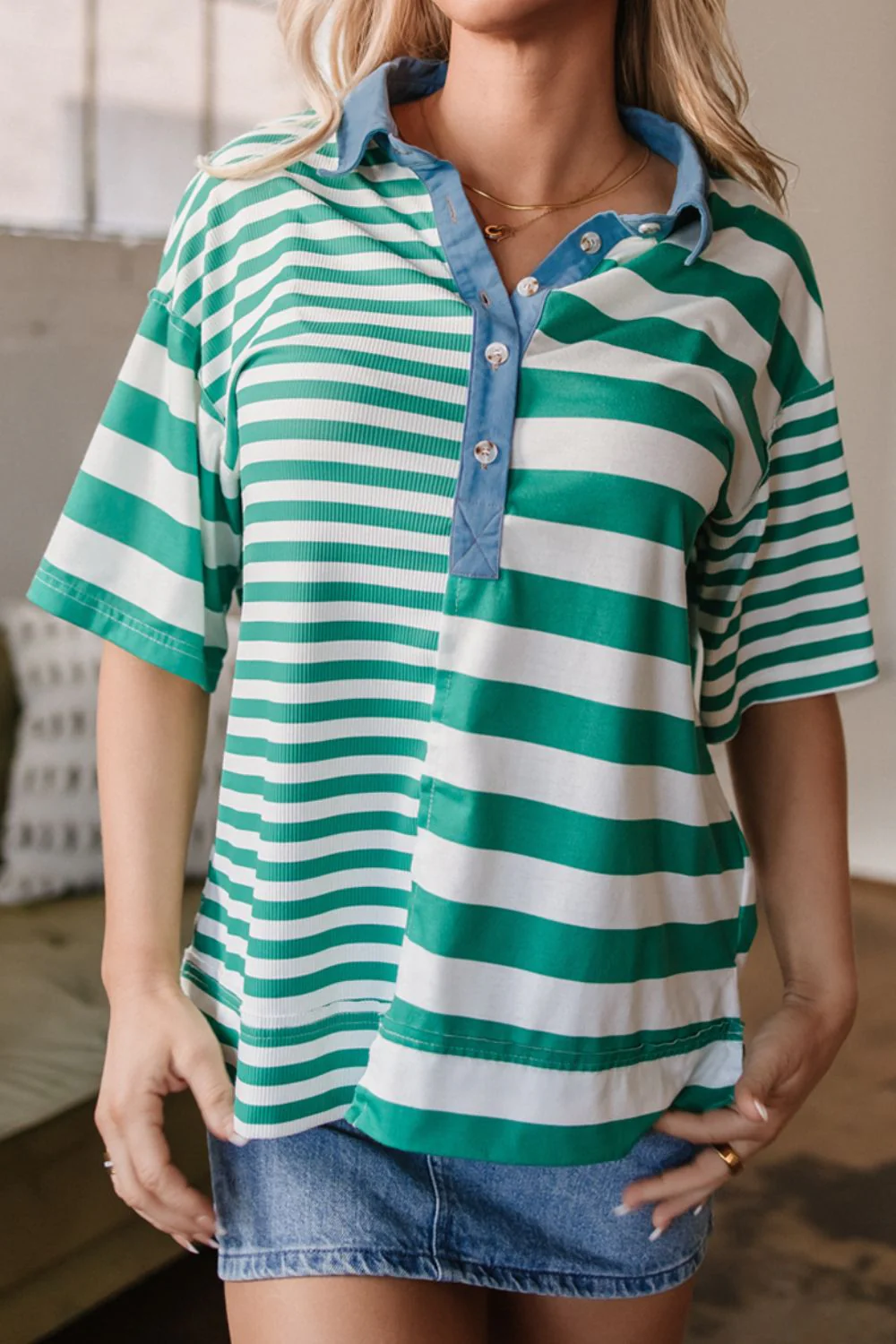 Stripe Colorblock Collar Half Button Shirt - Image 4