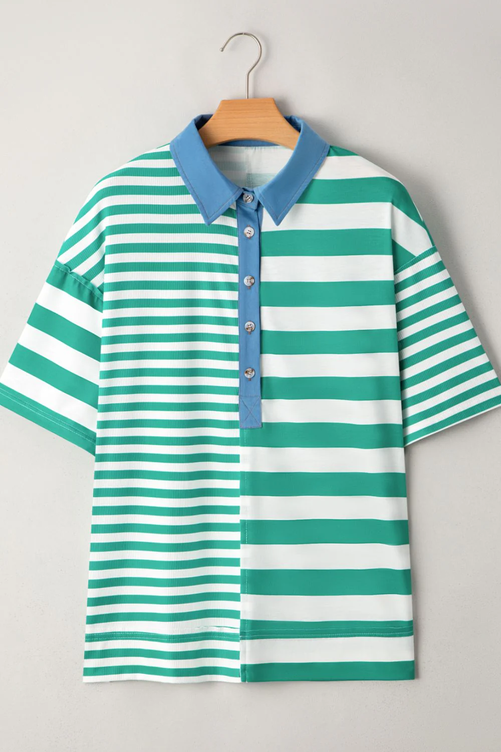 Stripe Colorblock Collar Half Button Shirt - Image 5