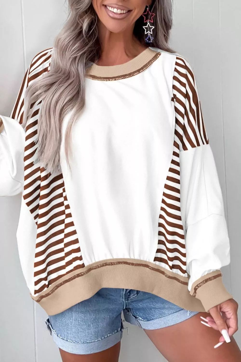 Stripe Colorblock Patchwork Contrast Stitching Sweatshirt - Image 2