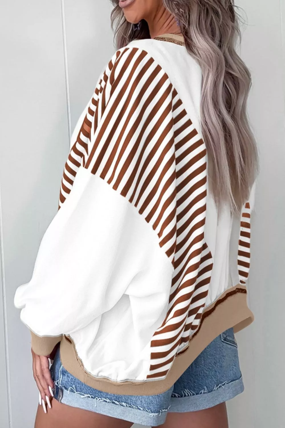 Stripe Colorblock Patchwork Contrast Stitching Sweatshirt - Image 3