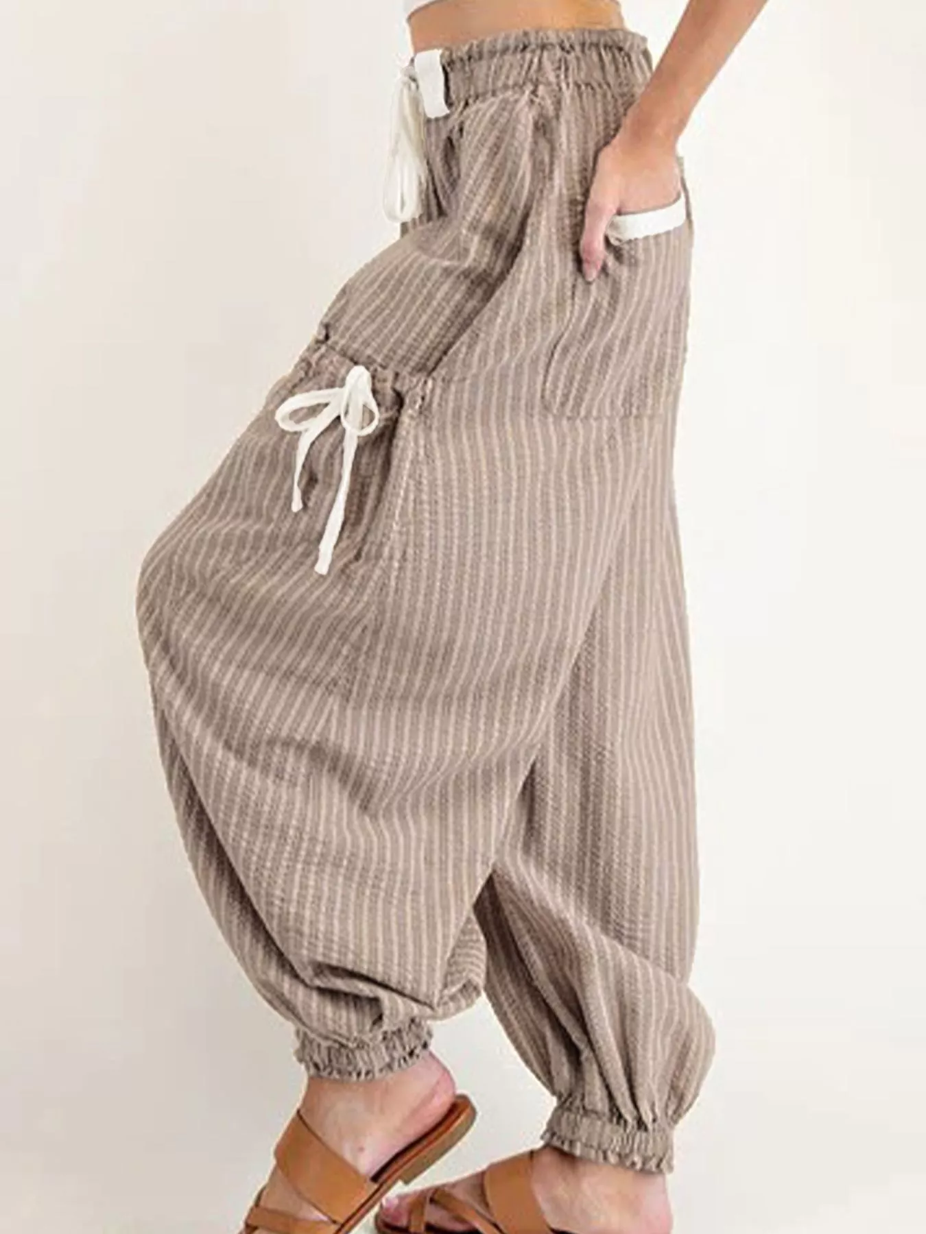 Stripe Drawstring Cargo Jogger Pants with Pockets - Image 3
