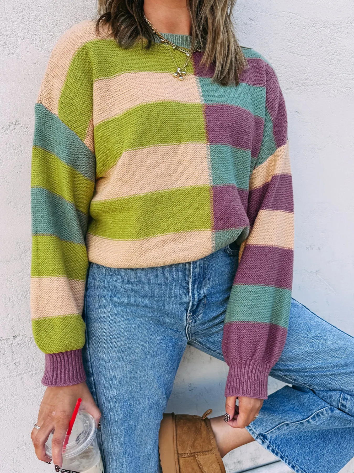 Stripe Drop Shoulder Ribbed Edge Sweater - Image 3