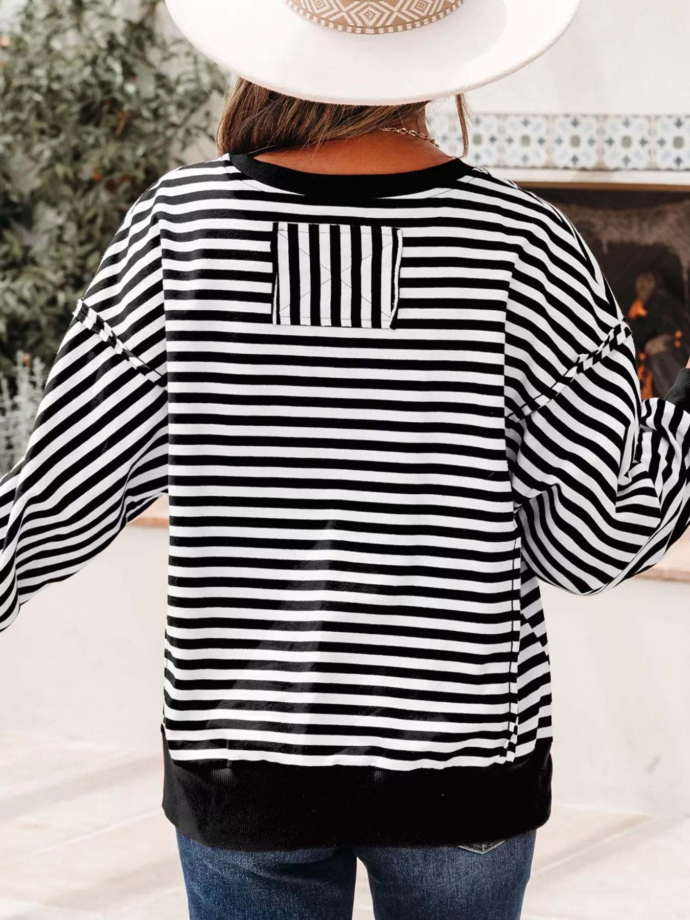 Stripe Exposed Seam Drop Shoulder Casual Pullover Top - Image 2