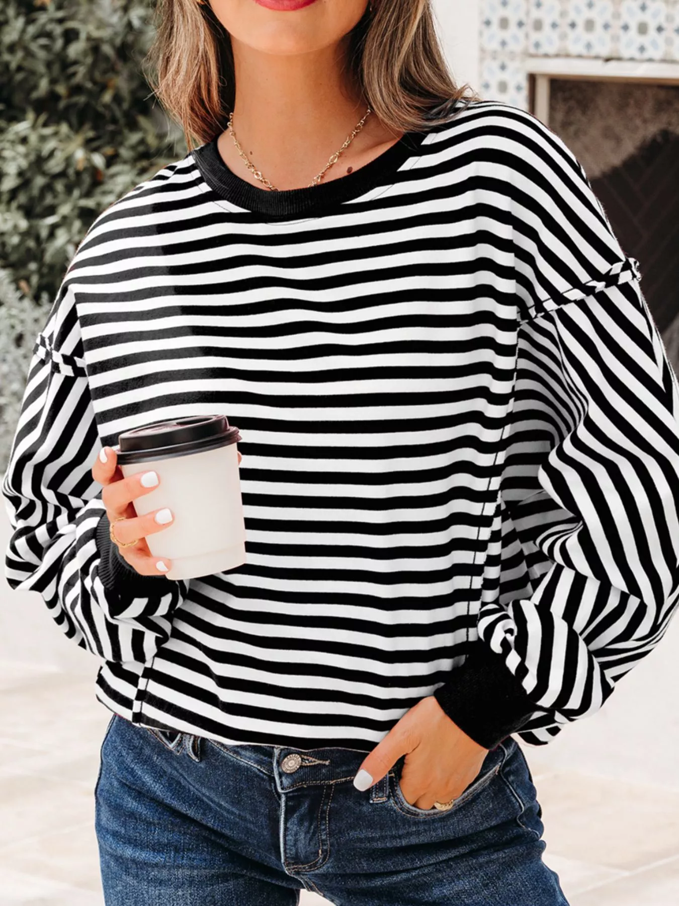Stripe Exposed Seam Drop Shoulder Casual Pullover Top - Image 3