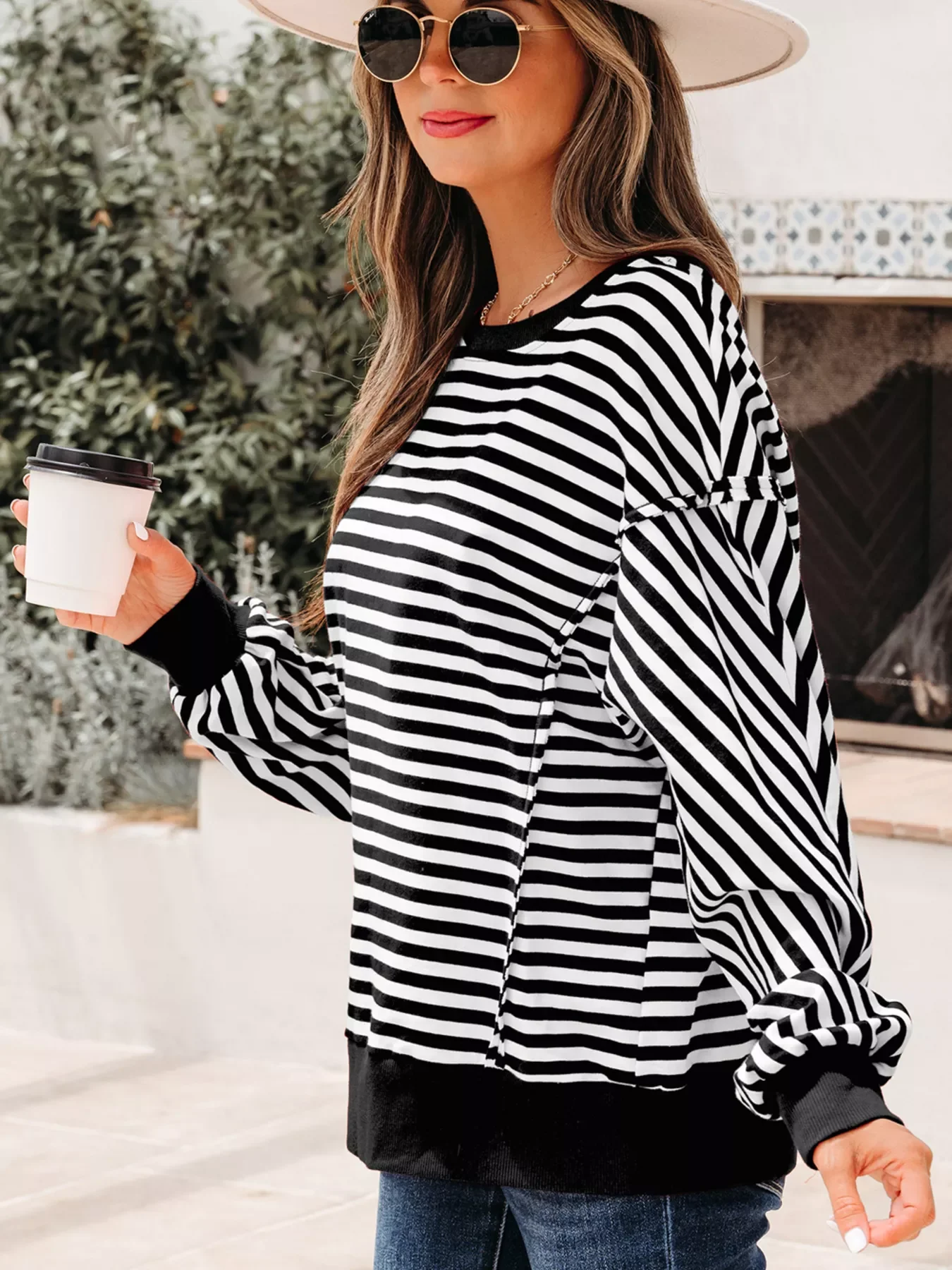Stripe Exposed Seam Drop Shoulder Casual Pullover Top - Image 4