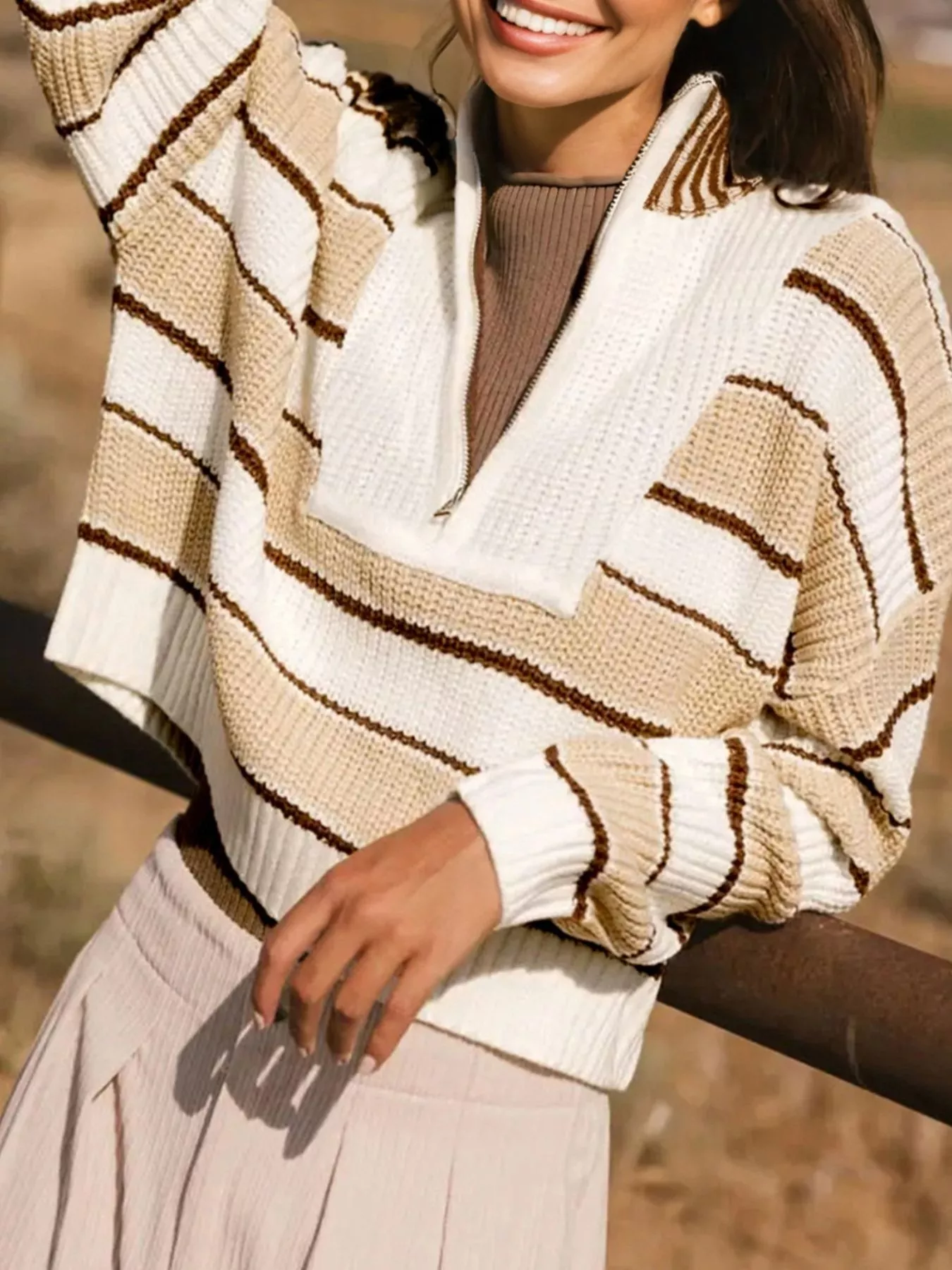 Stripe Half Zip Drop Shoulder Sweater