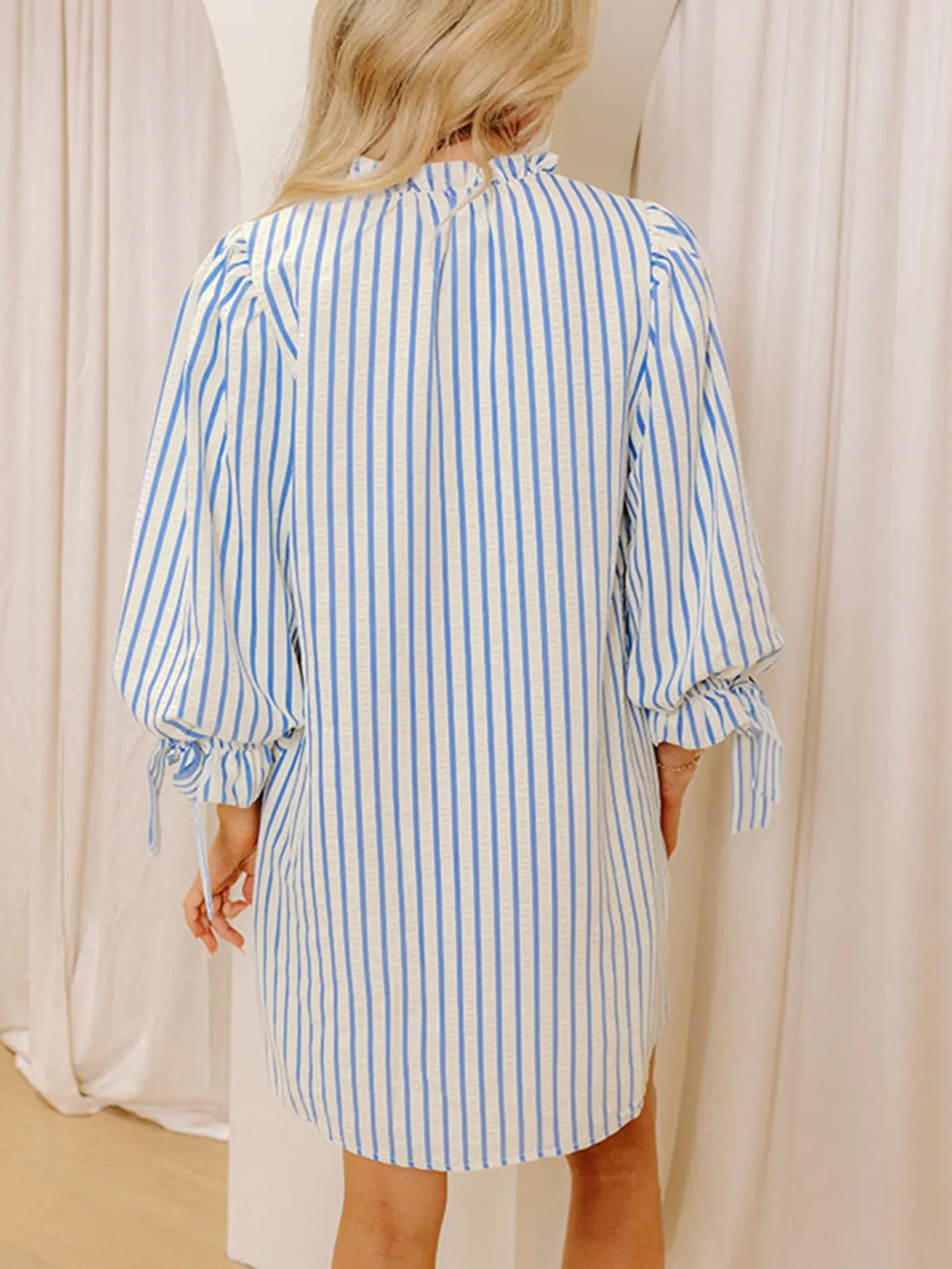 Stripe Knotted Sleeve Notched Shift Mini Dress - Image 2