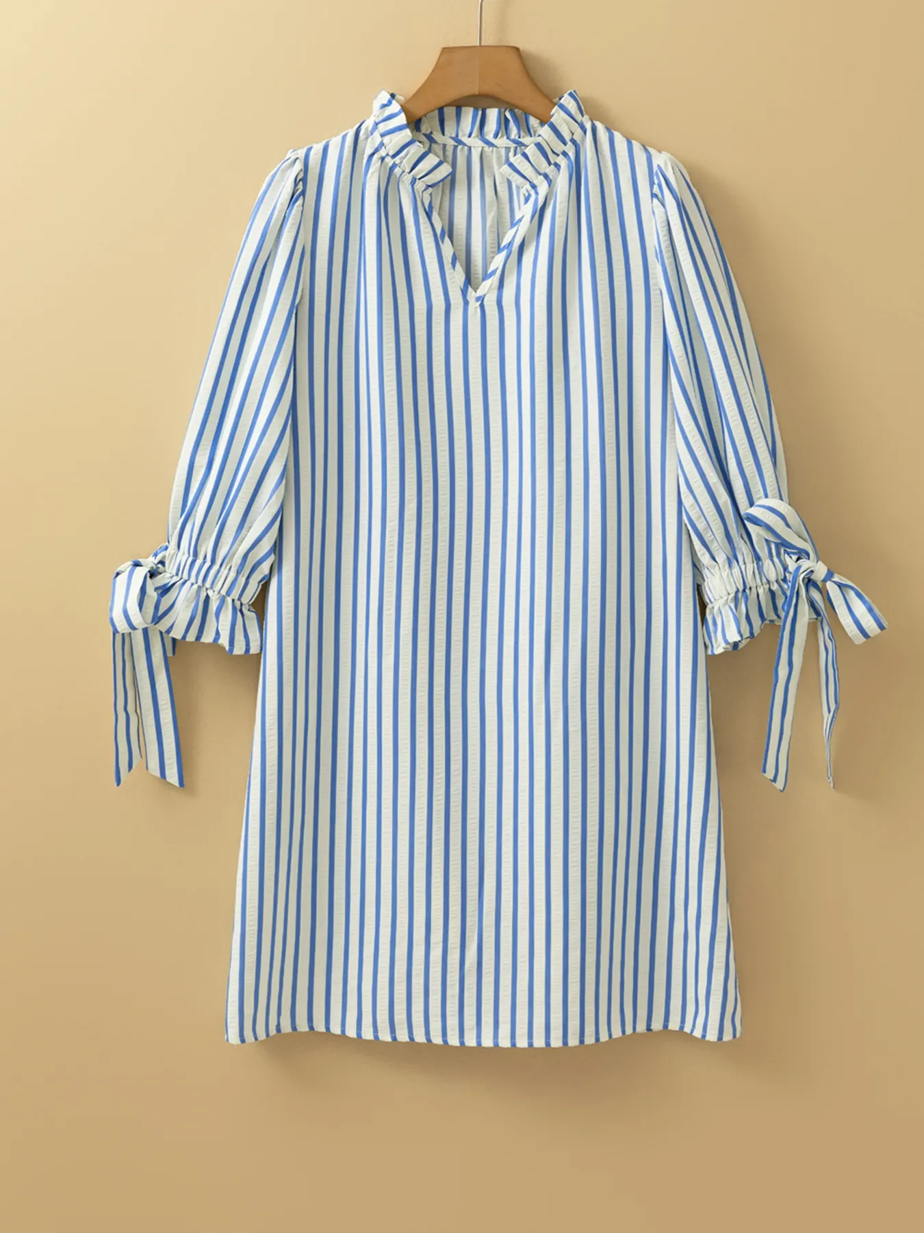 Stripe Knotted Sleeve Notched Shift Mini Dress - Image 5