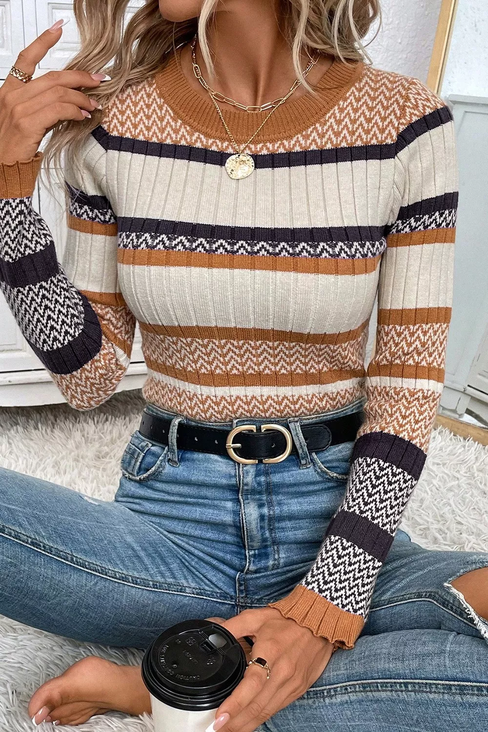 Stripe Stylish Pattern Knitted Ribbed Trim Slim Sweater - Image 5