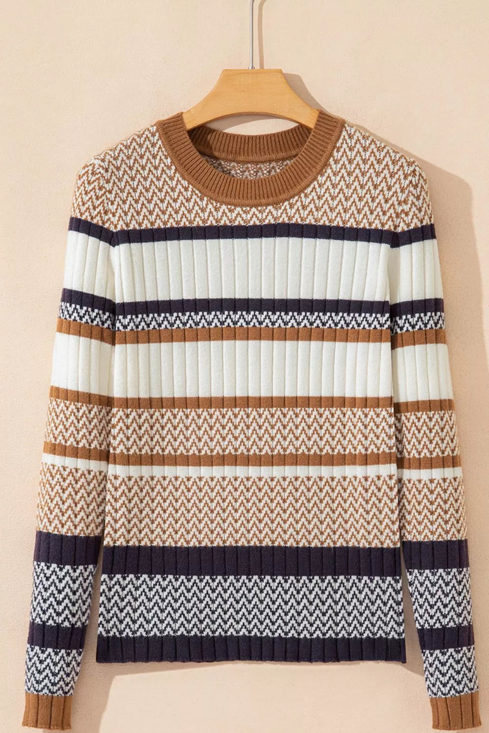 Stripe Stylish Pattern Knitted Ribbed Trim Slim Sweater - Image 6