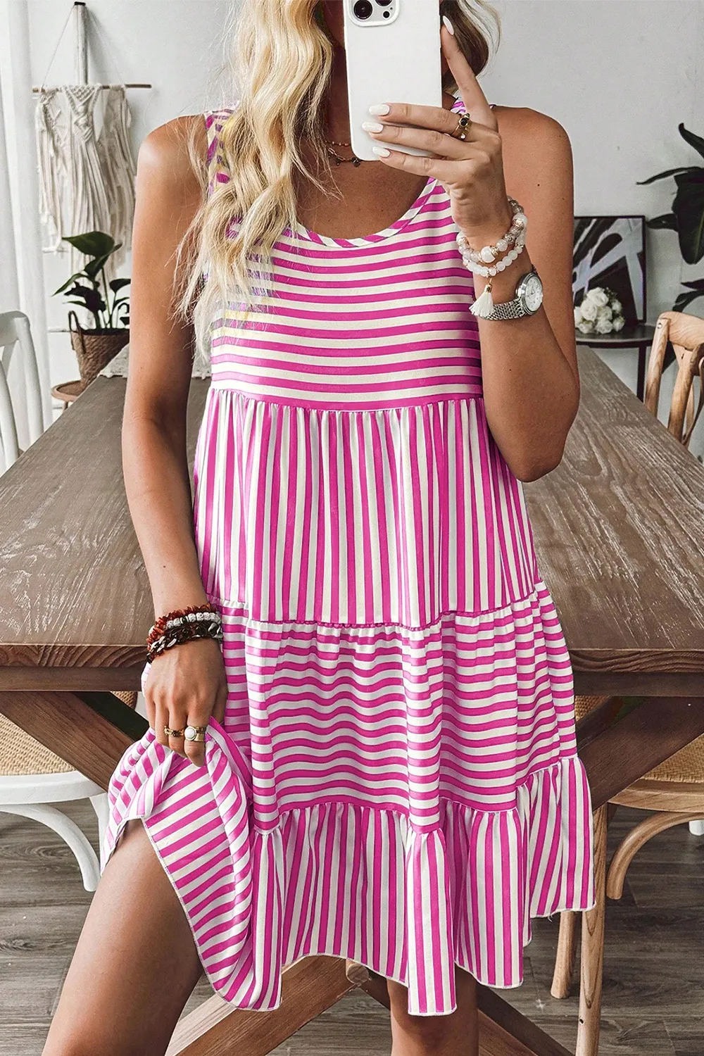 Stripe U Neck Sleeveless Loose Fit Mini Dress - Image 3