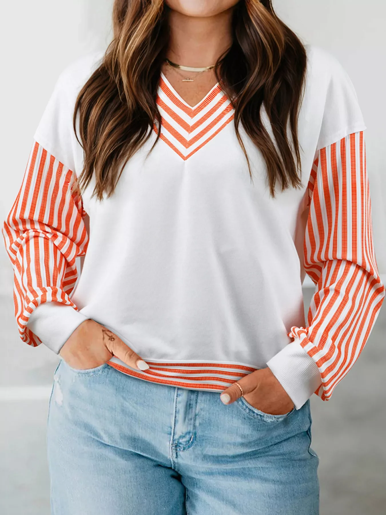 Stripe V Neck Drop Shoulder Patchwork Long Sleeve Top