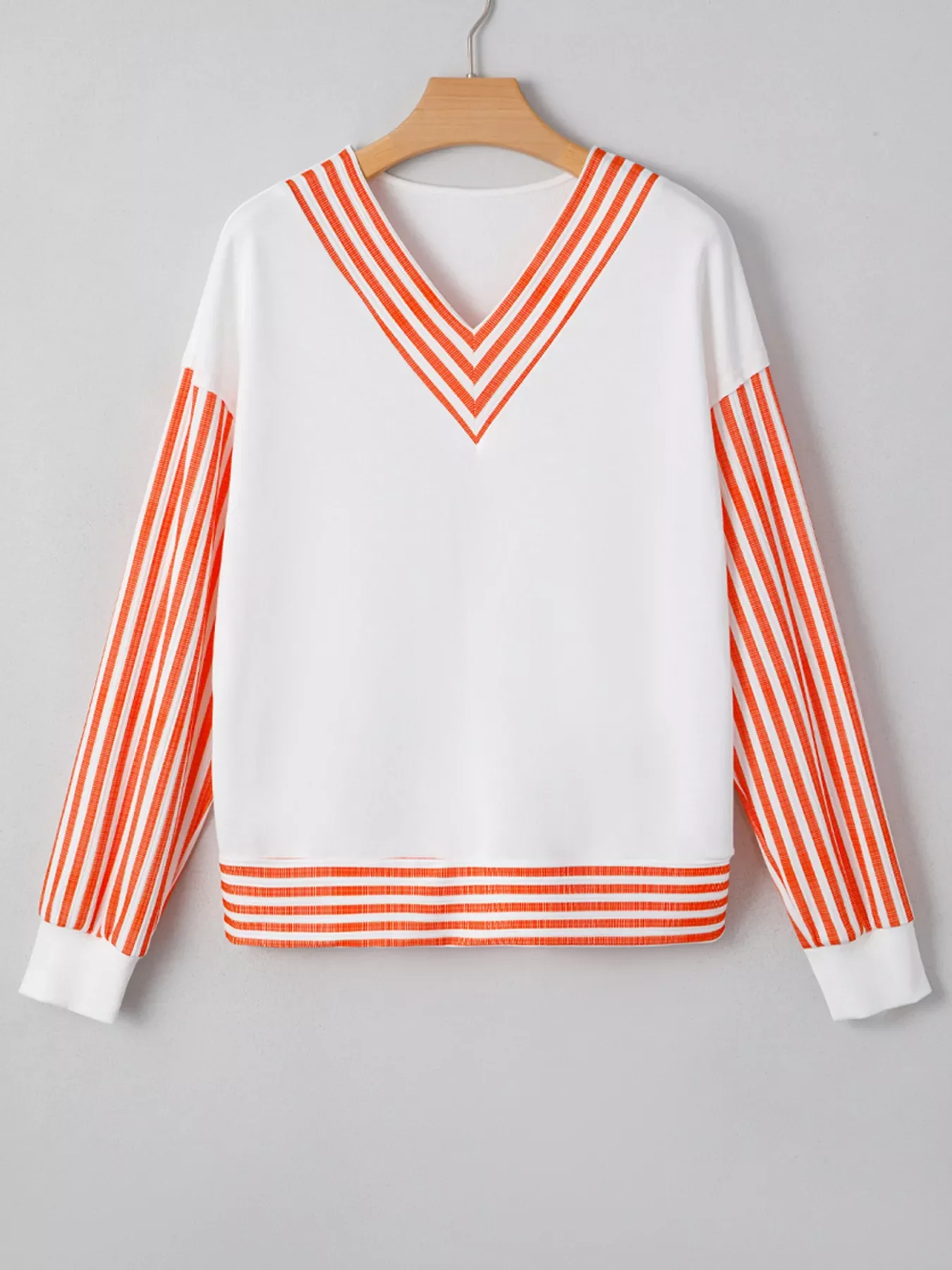 Stripe V Neck Drop Shoulder Patchwork Long Sleeve Top - Image 3