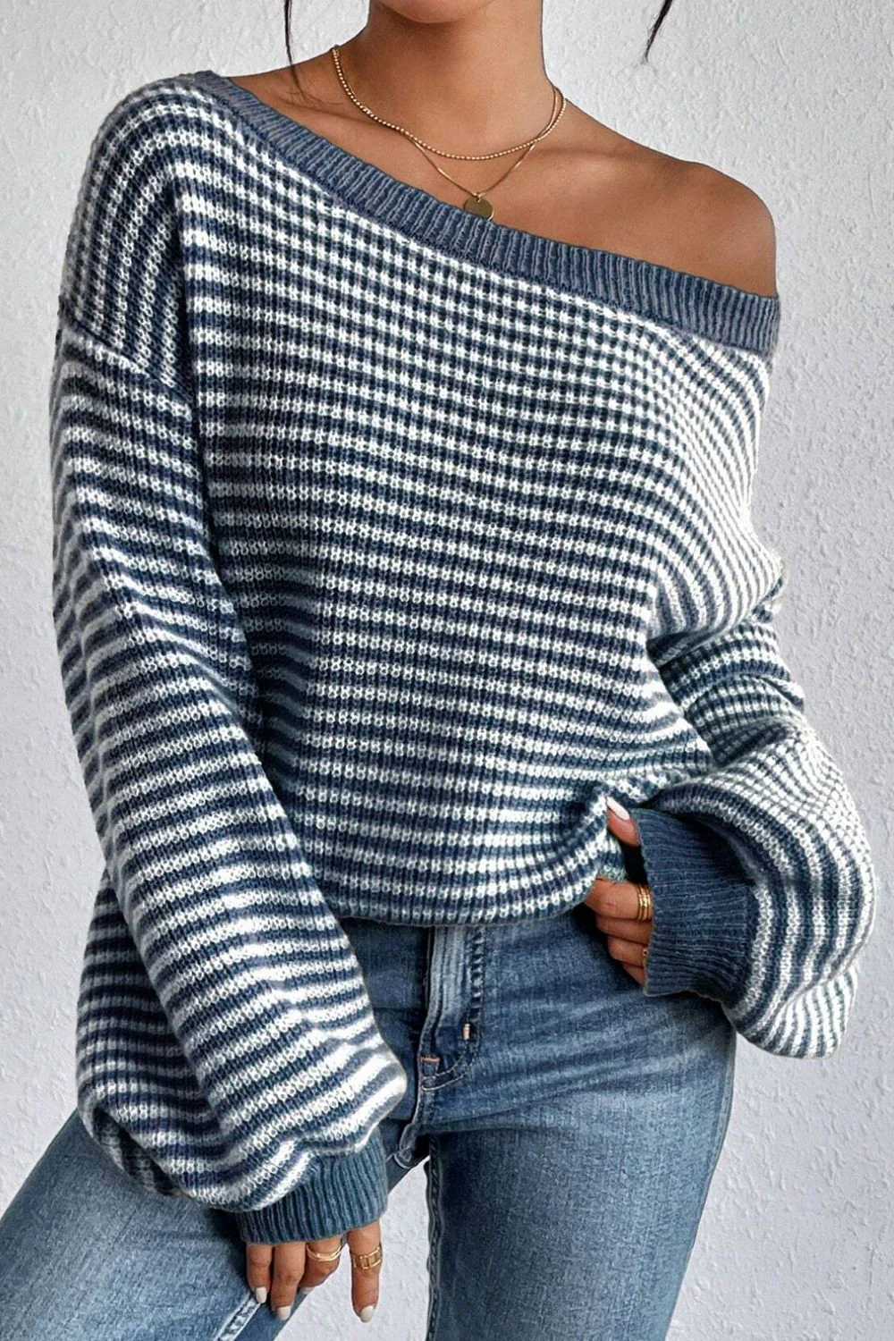 Striped Boat Neck Long Sleeve Sweater - Image 3