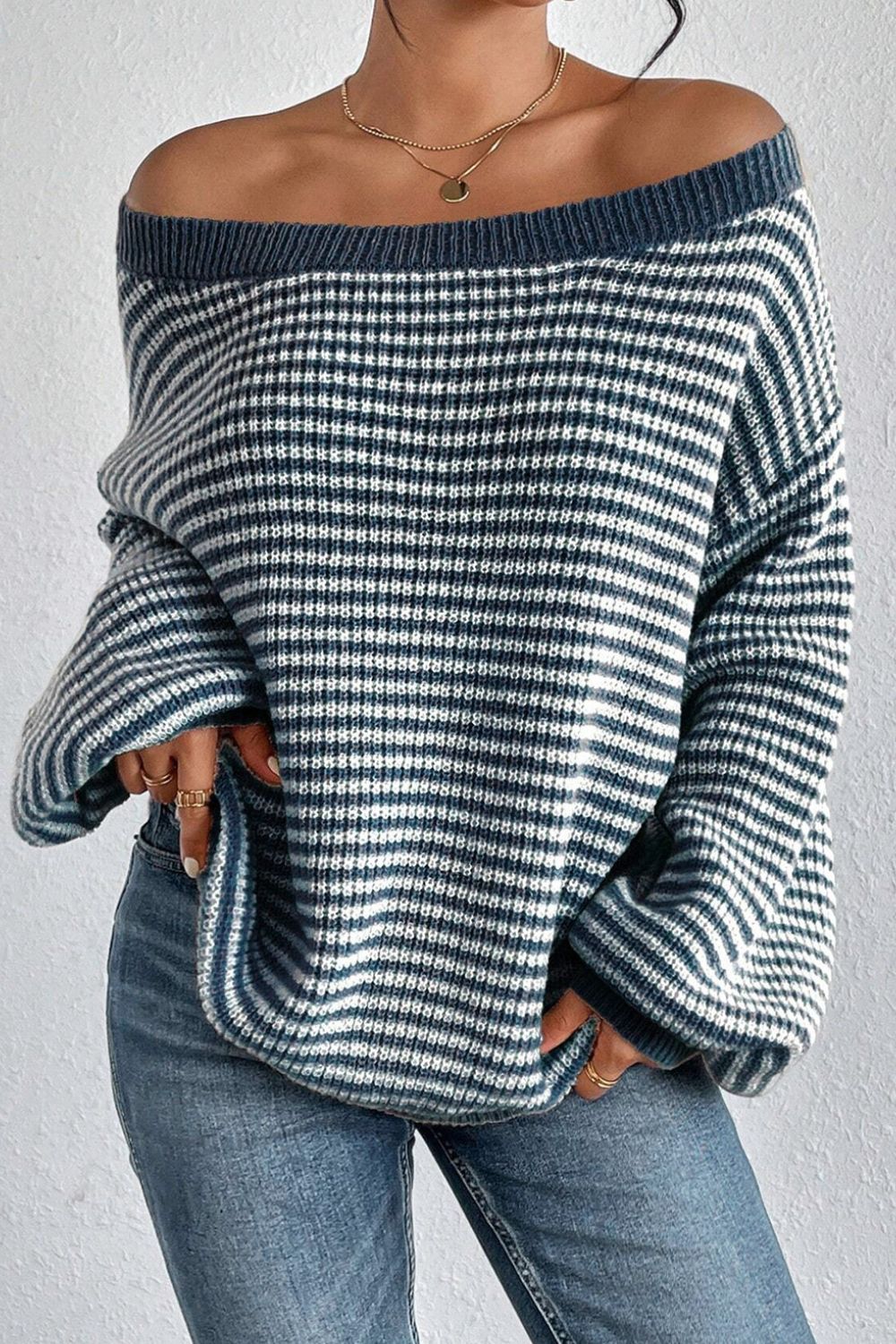 Striped Boat Neck Long Sleeve Sweater - Image 4