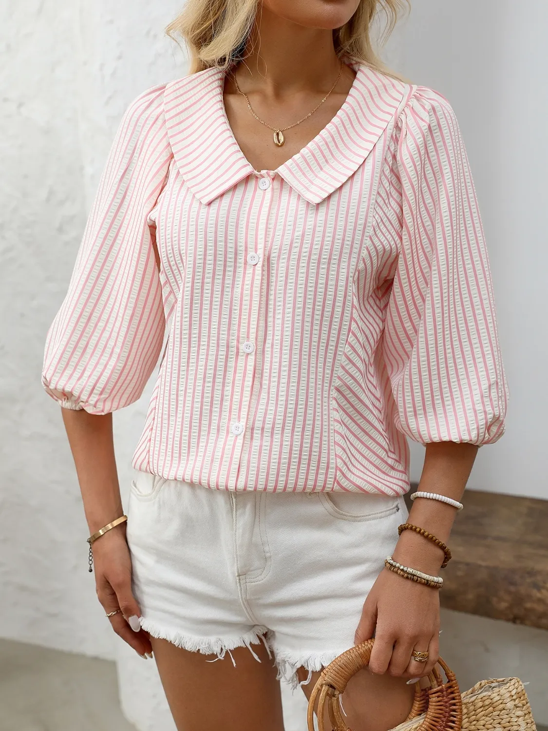 Striped Button Down 3/4 Sleeve Shirt - Image 10
