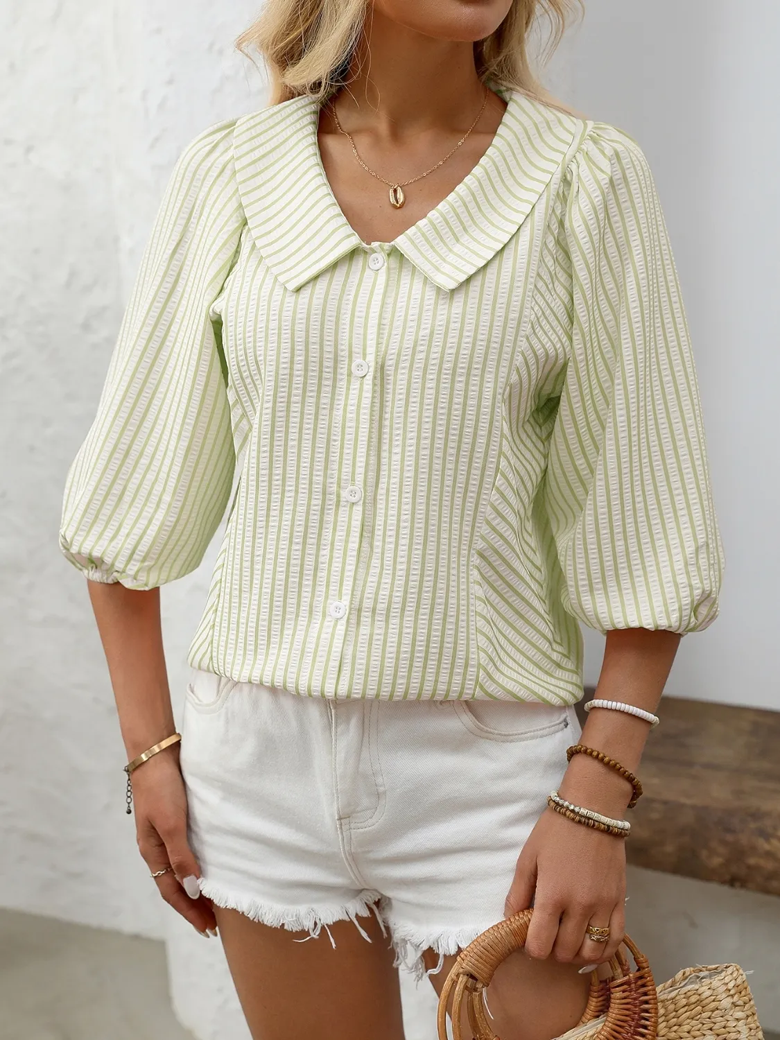 Striped Button Down 3/4 Sleeve Shirt - Image 2