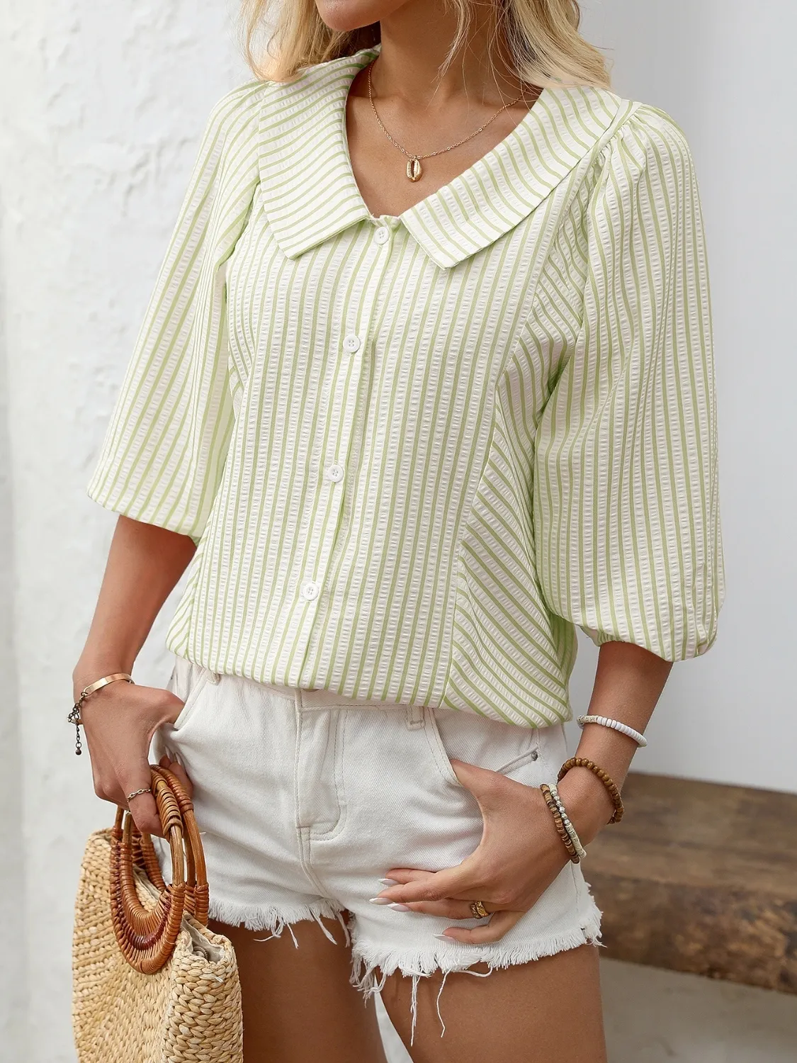 Striped Button Down 3/4 Sleeve Shirt - Image 3