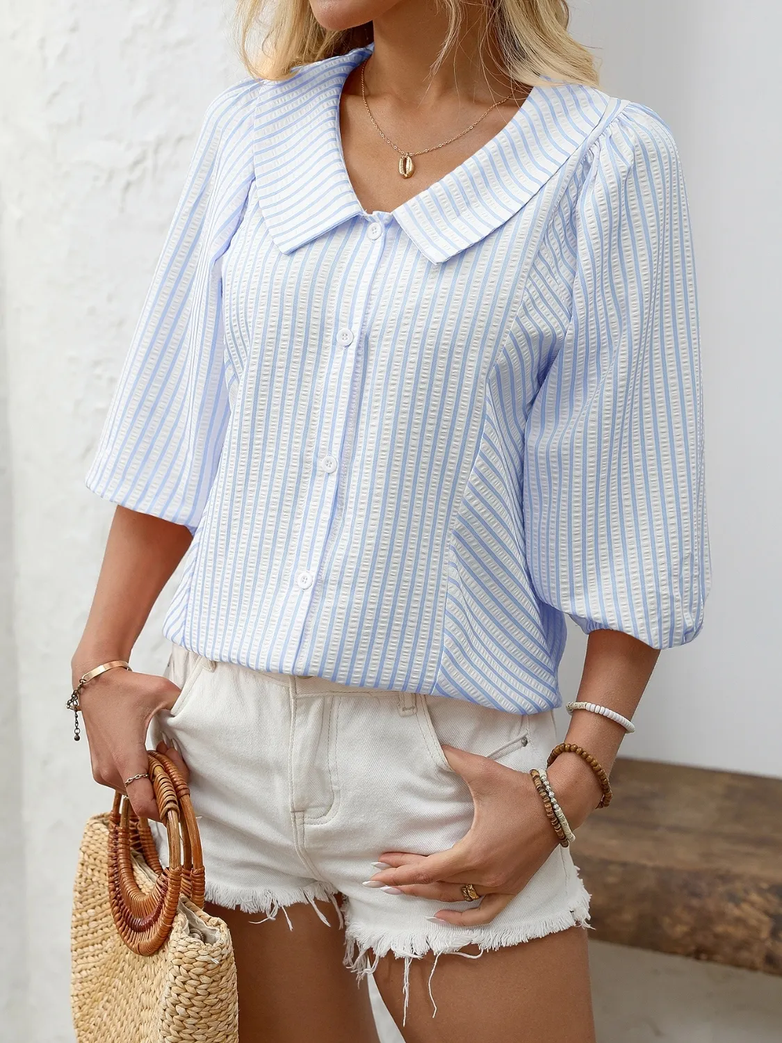 Striped Button Down 3/4 Sleeve Shirt - Image 6