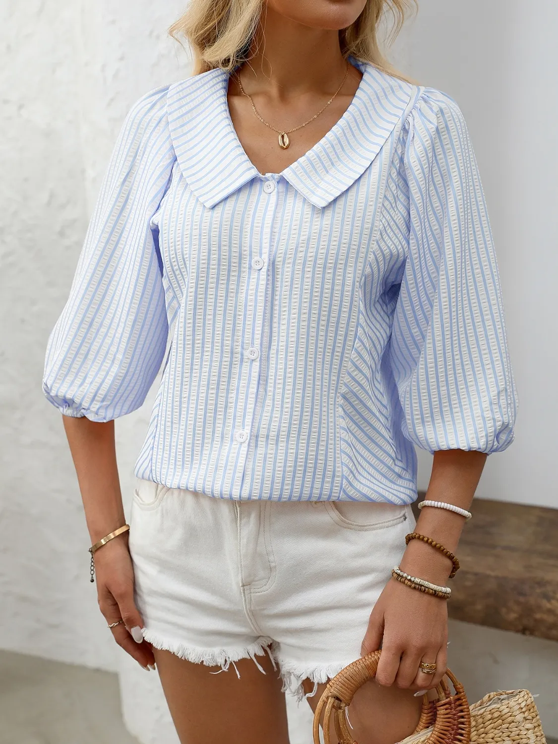 Striped Button Down 3/4 Sleeve Shirt - Image 7