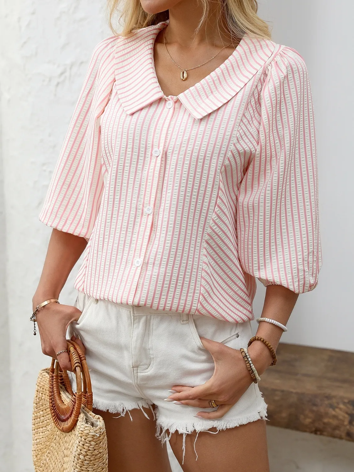 Striped Button Down 3/4 Sleeve Shirt - Image 9