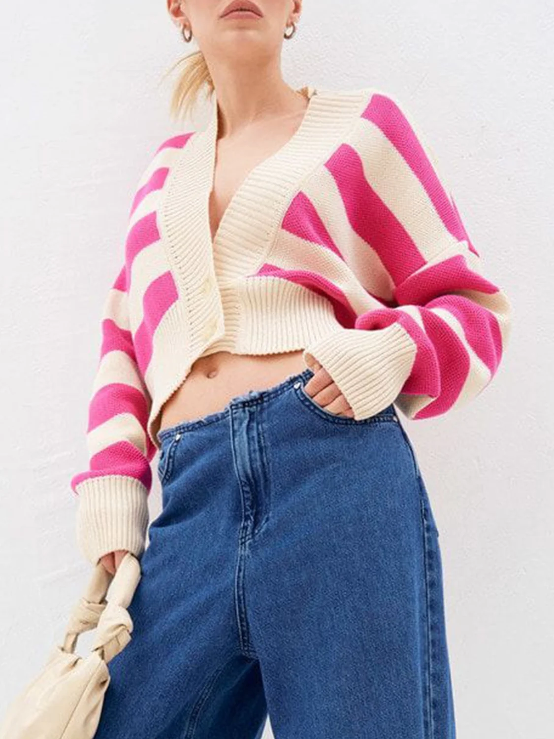Striped Button Down Drop Shoulder Cardigan - Image 4