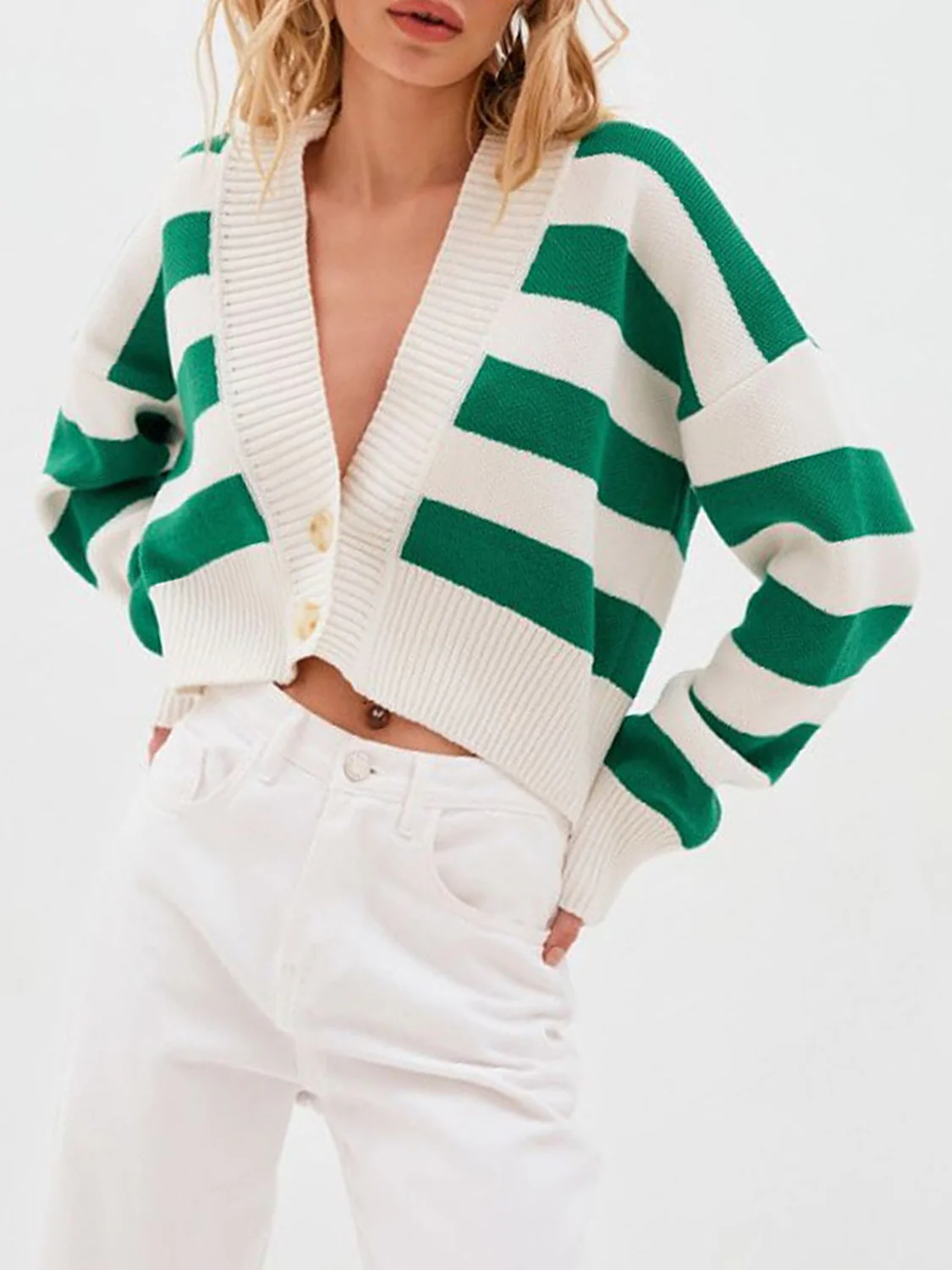Striped Button Down Drop Shoulder Cardigan - Image 7