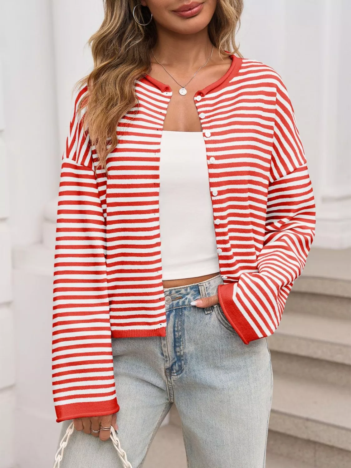 Striped Button-Down Knit Cardigan - Image 3