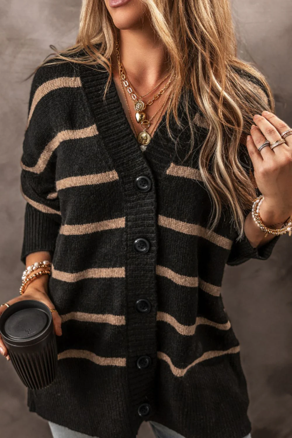 Striped Button Down Long Sleeve Cardigan - Image 3