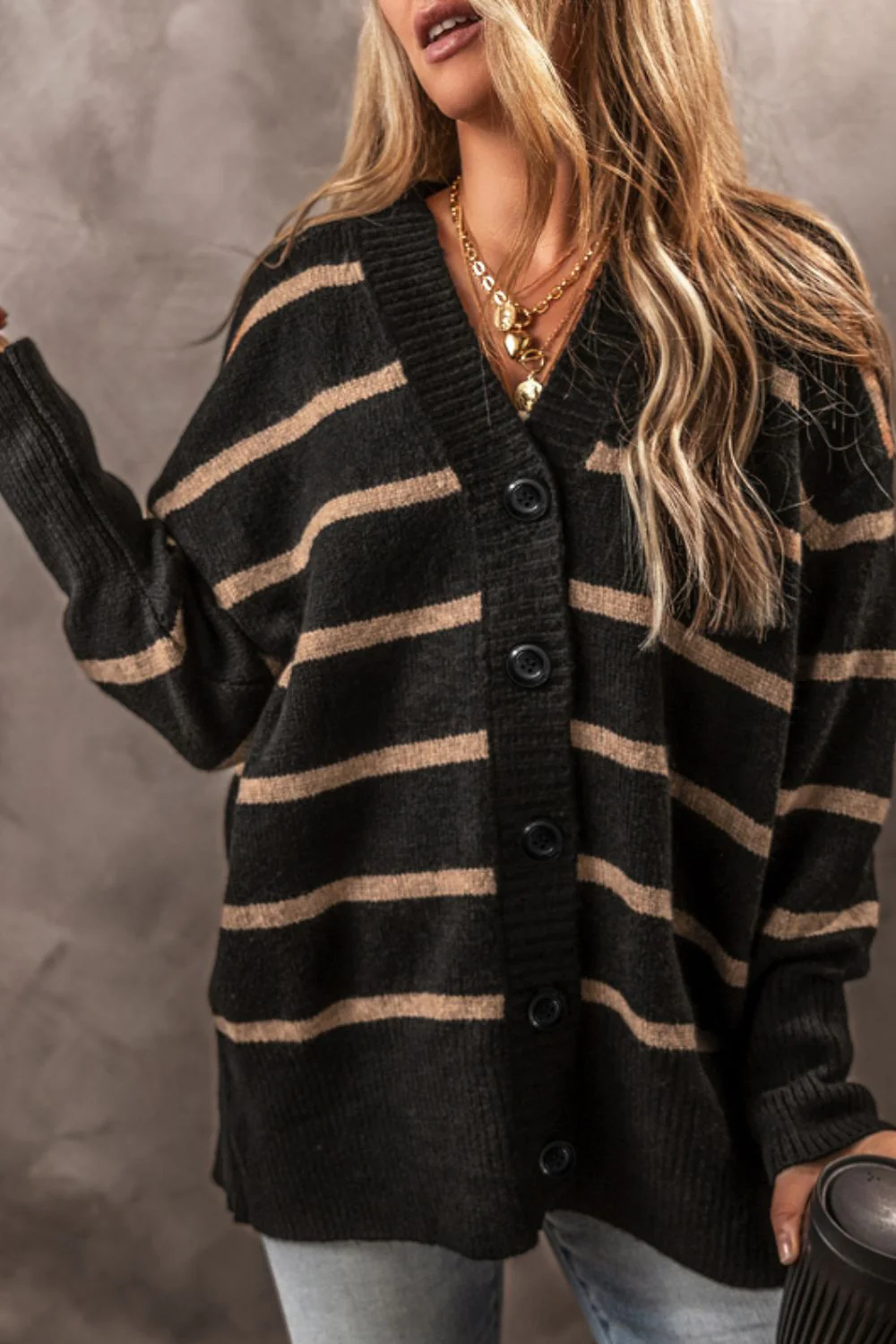 Striped Button Down Long Sleeve Cardigan - Image 4