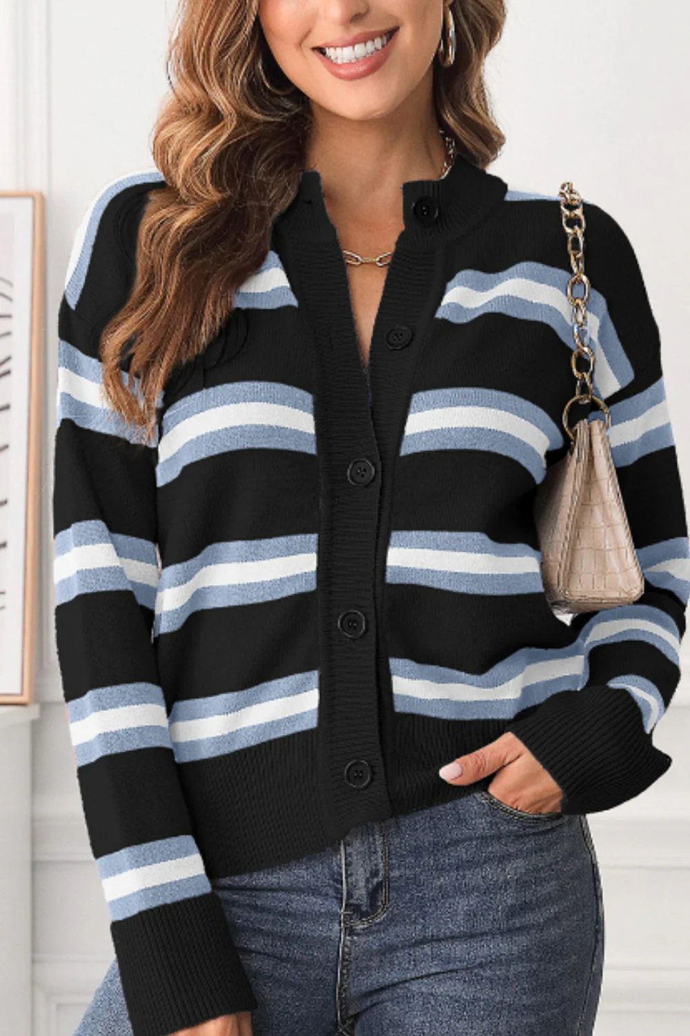 Striped Button Down Long Sleeve Cardigan - Image 3