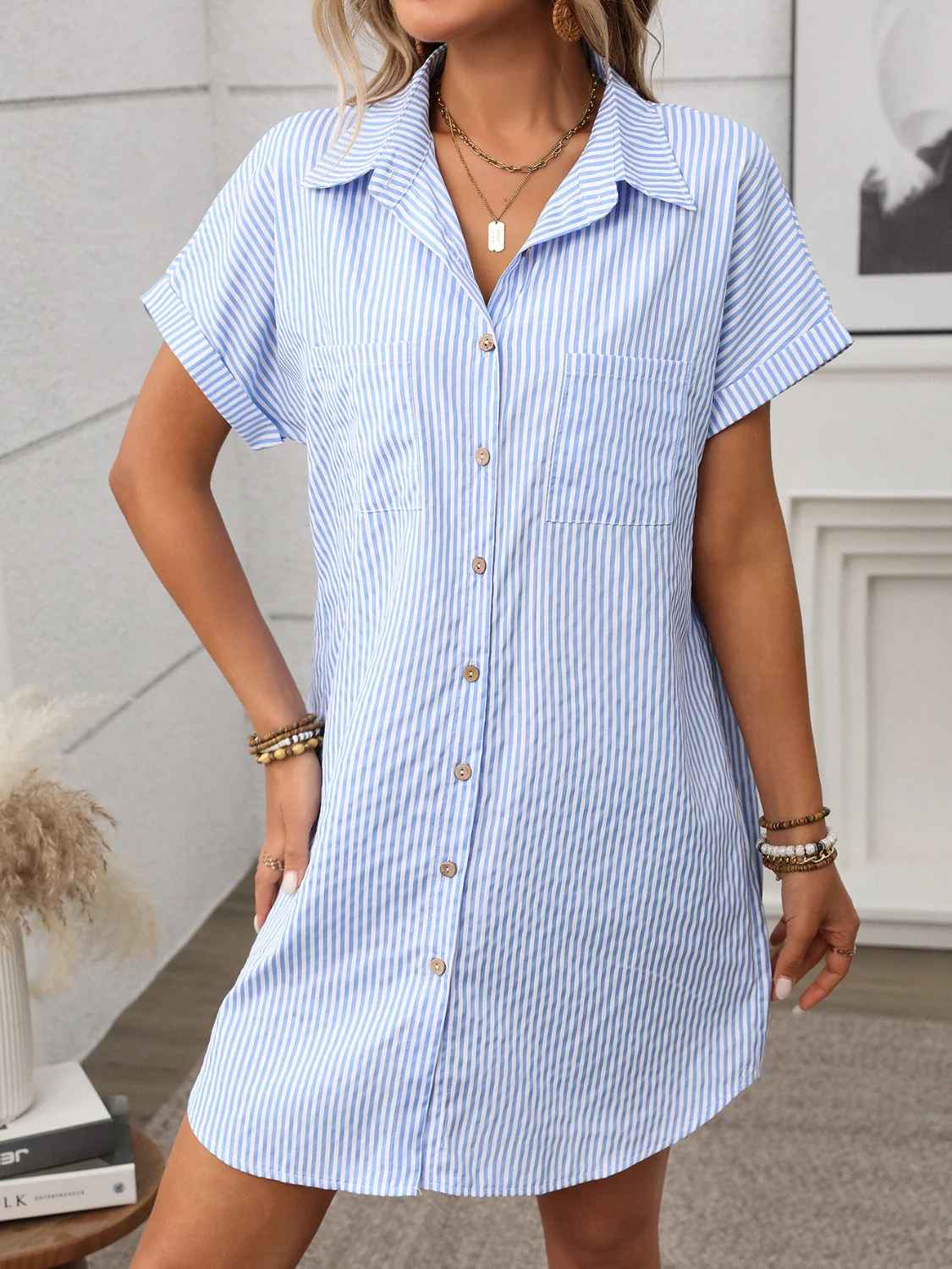 Striped Button Down Short Sleeve Mini Dress - Image 4