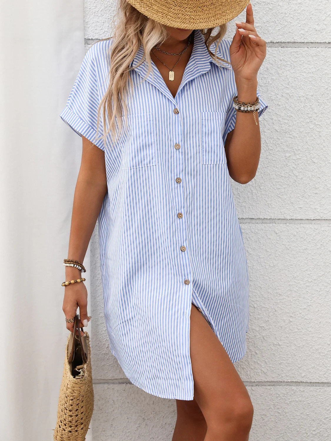 Striped Button Down Short Sleeve Mini Dress - Image 5