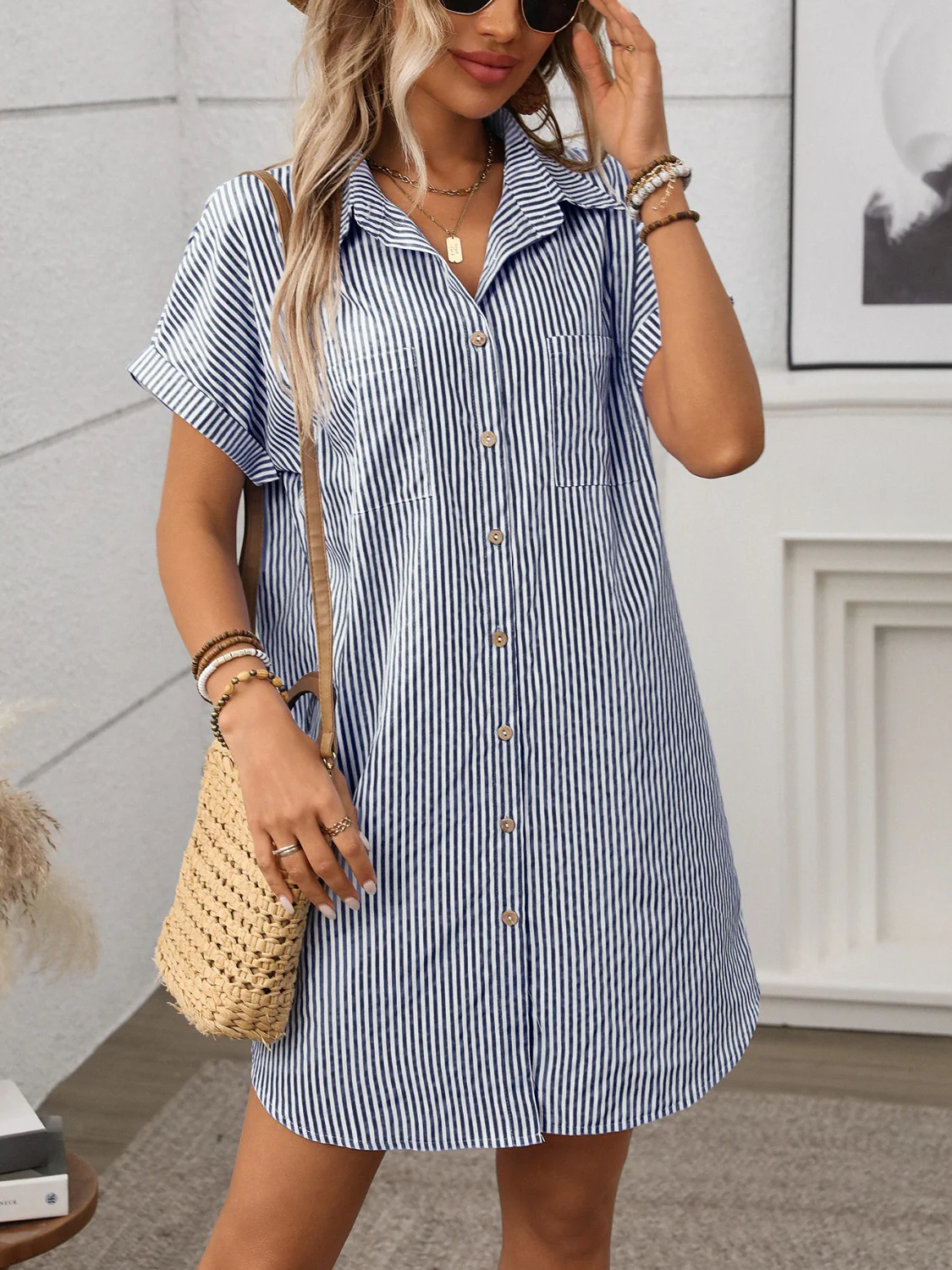 Striped Button Down Short Sleeve Mini Dress - Image 9